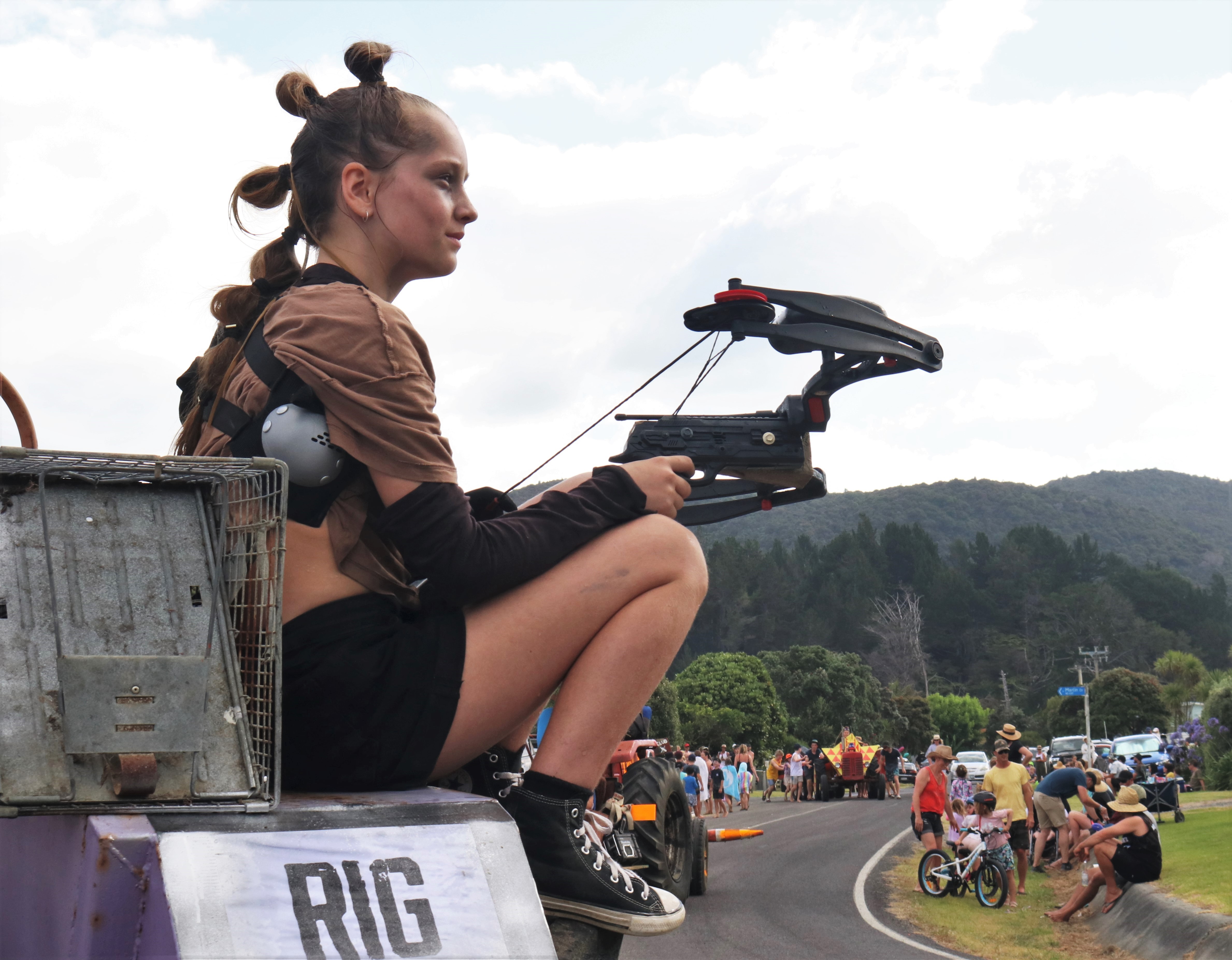 Twelve-year-old Ava Urlich, of Taupō Bay, guards Mad Max’s winning War Rig. Photo / Peter de Graaf