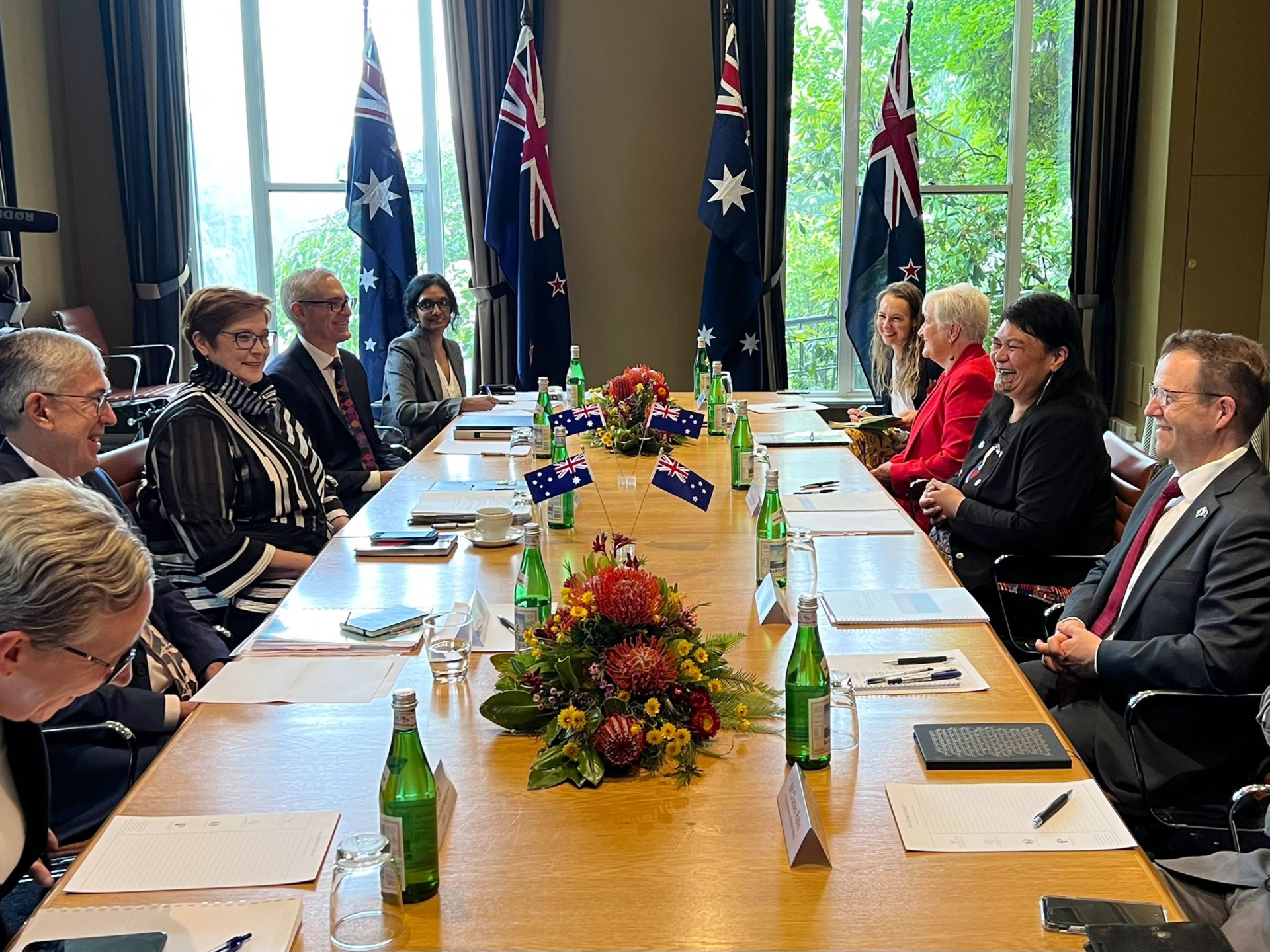 Foreign Minister Nanaia Mahuta, between Annette King and Mfat deputy secretary Ben King, preparing for talks with counterpart Marise Payne at Katoomba in the Blue Mountains. Photo / John Bannon, Mfat