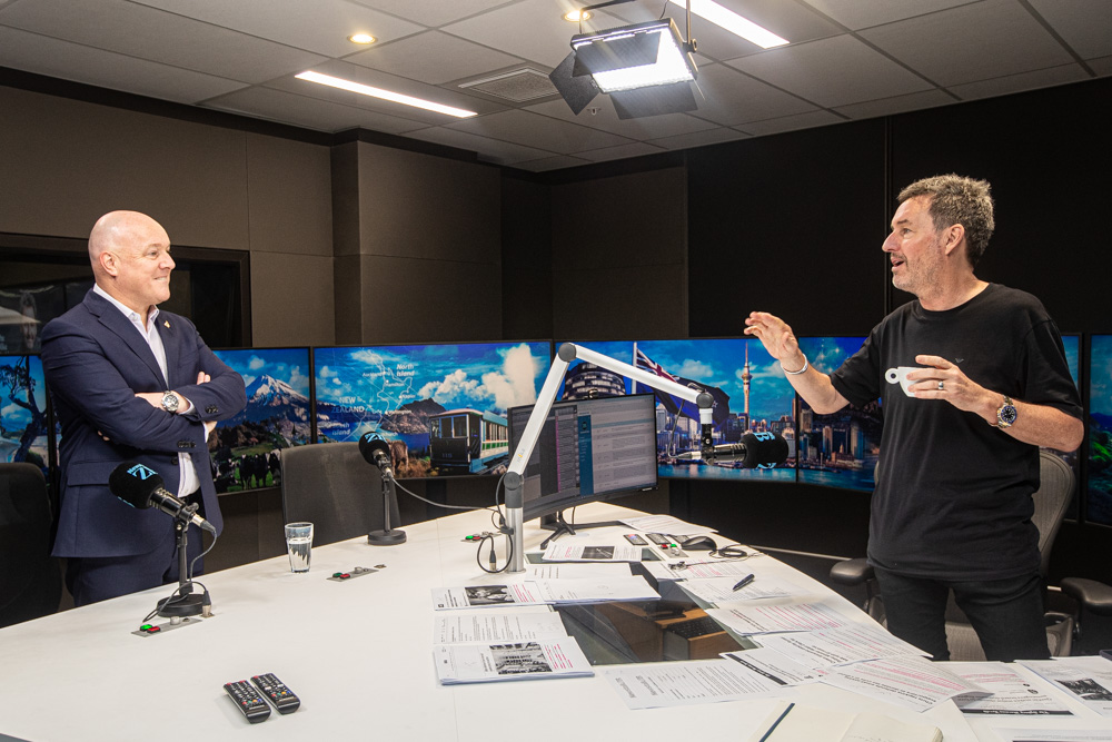 Prime Minister Christopher Luxon talks to Mike Hosking on Mike Hosking Breakfast in the NewstalkZB studio. Photo / Jason Dorday