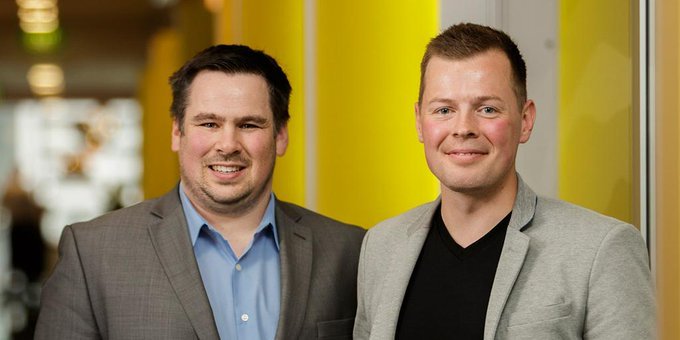 Heaslip and Pushpay co-founder Eliot Crowther, pictured in 2015. The pair were running out of cash soon after Pushpay was founded until the Huljich family came on board as an anchor shareholder. Aaron Bhatnagar was another early investor. Photo / EY NZ
