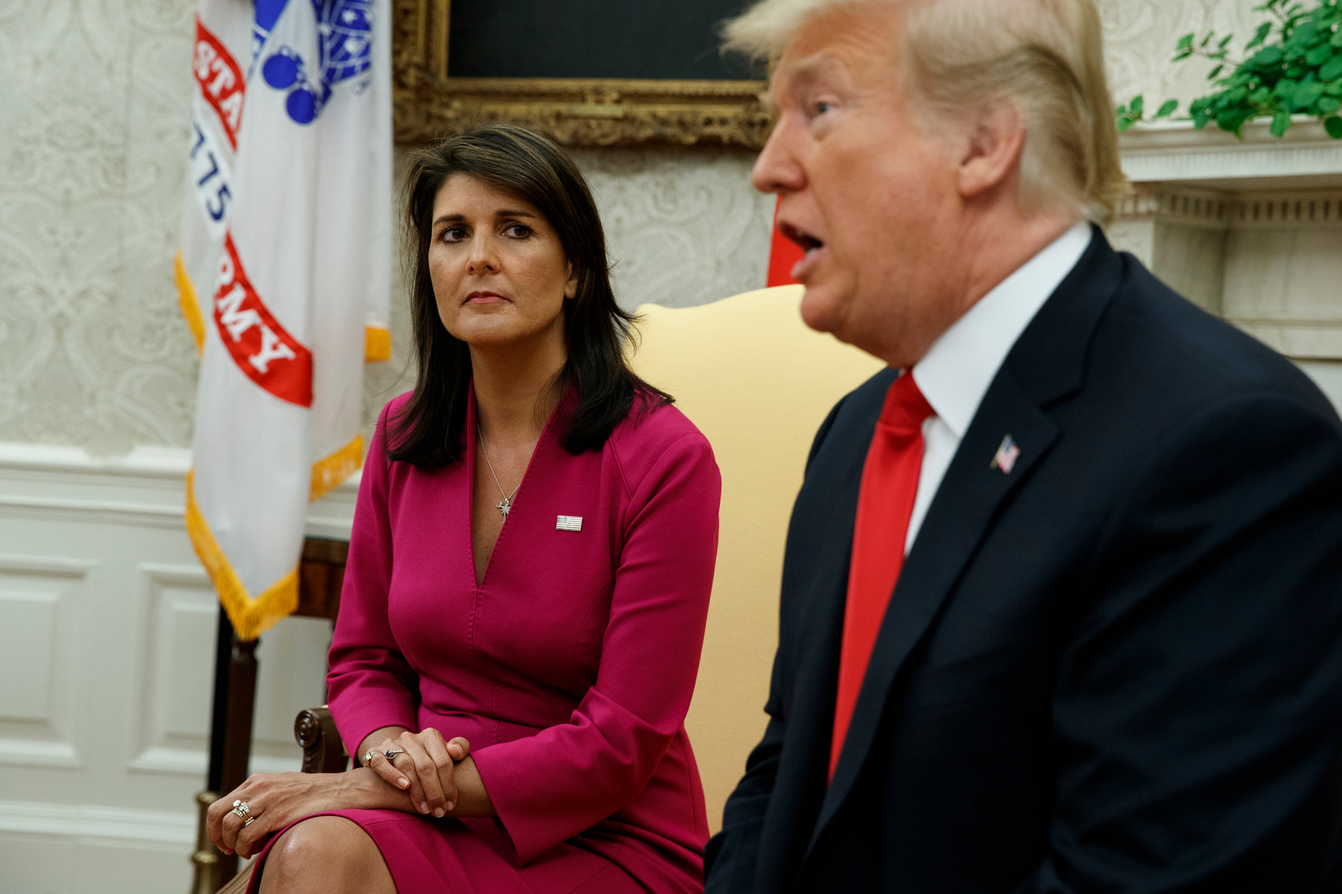 US President Donald Trump speaks during a meeting with outgoing US Ambassador to the United Nations Nikki Haley in the Oval Office of the White House. Photo / AP