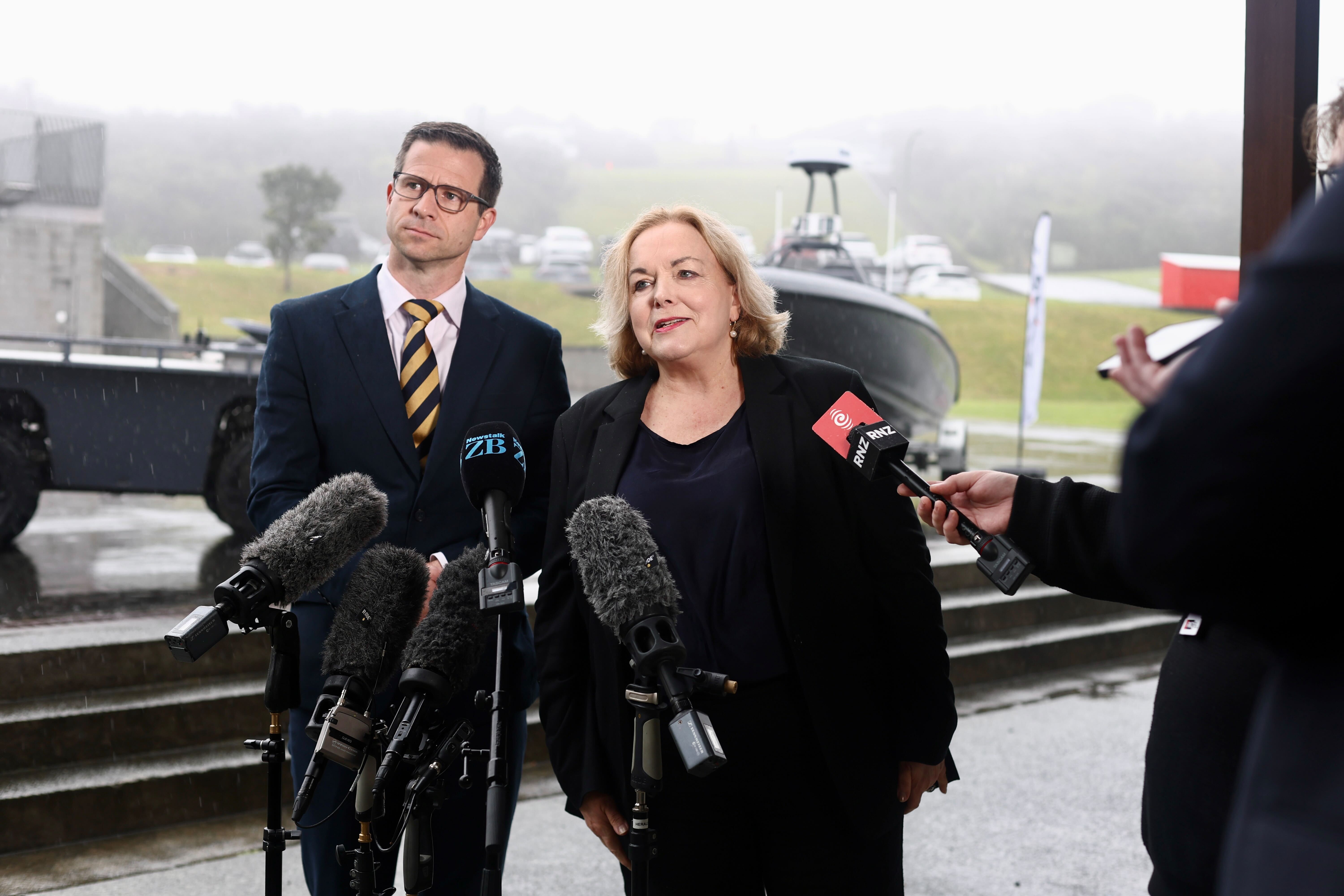 Chris Penk and Judith Collins at the Defence Force's Tamaki Leadership Centre today. Photo / Dean Purcell