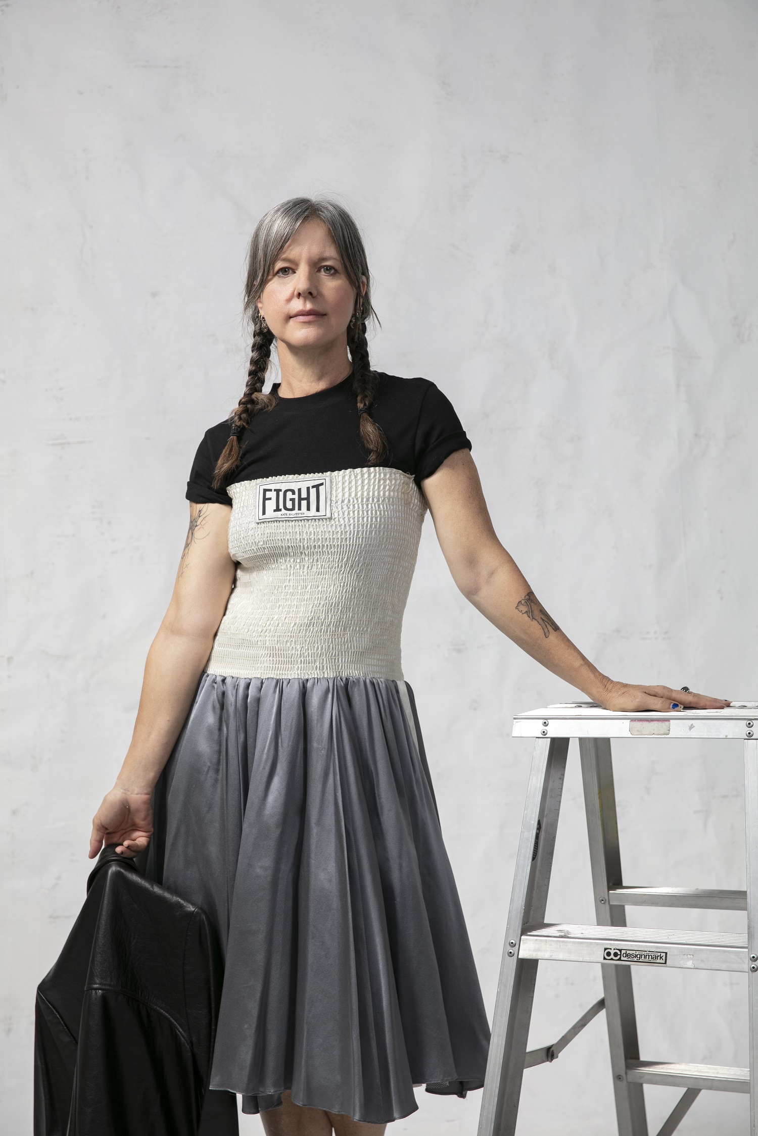 Shirley Simpson wears T-shirt and dress from Fight spring/summer 2001. Photo / Babiche Martens