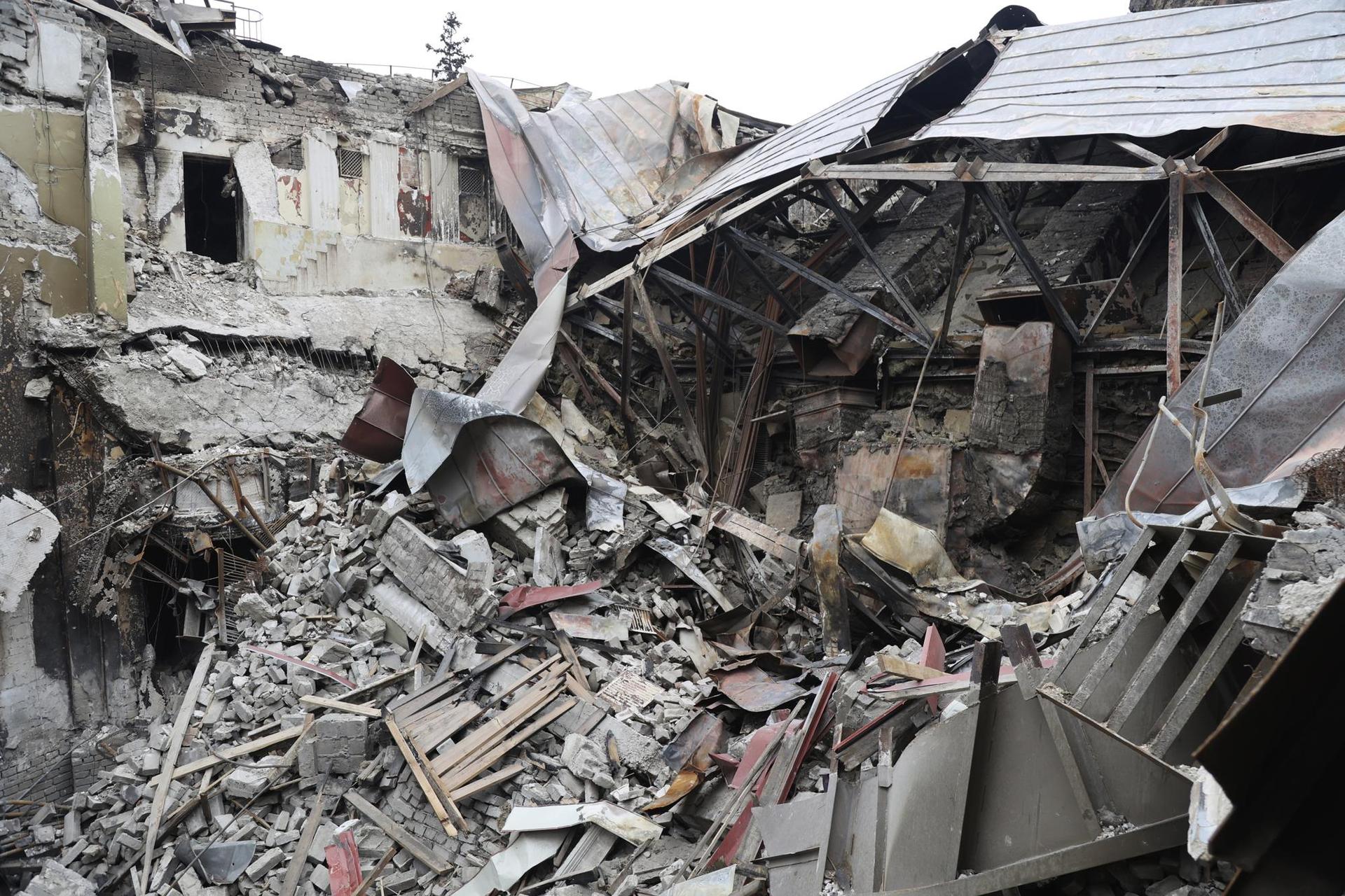 Rubble from the damaged Donetsk Academic Regional Drama Theatre sits after the March 16, 2022, bombing in Mariupol, Ukraine. Photo / AP