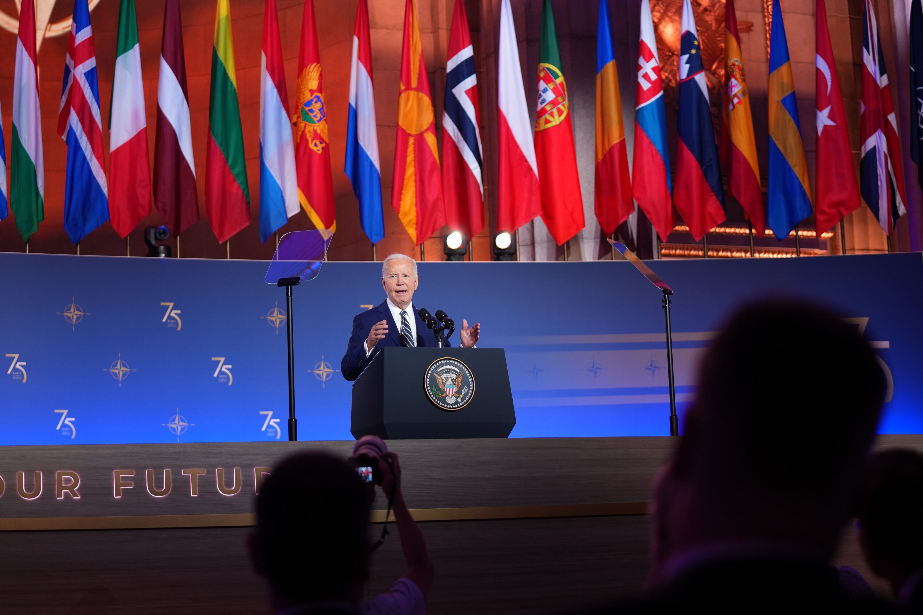 Joe Biden addresses world leaders at the Nato 75th anniversary meeting in Washington DC.