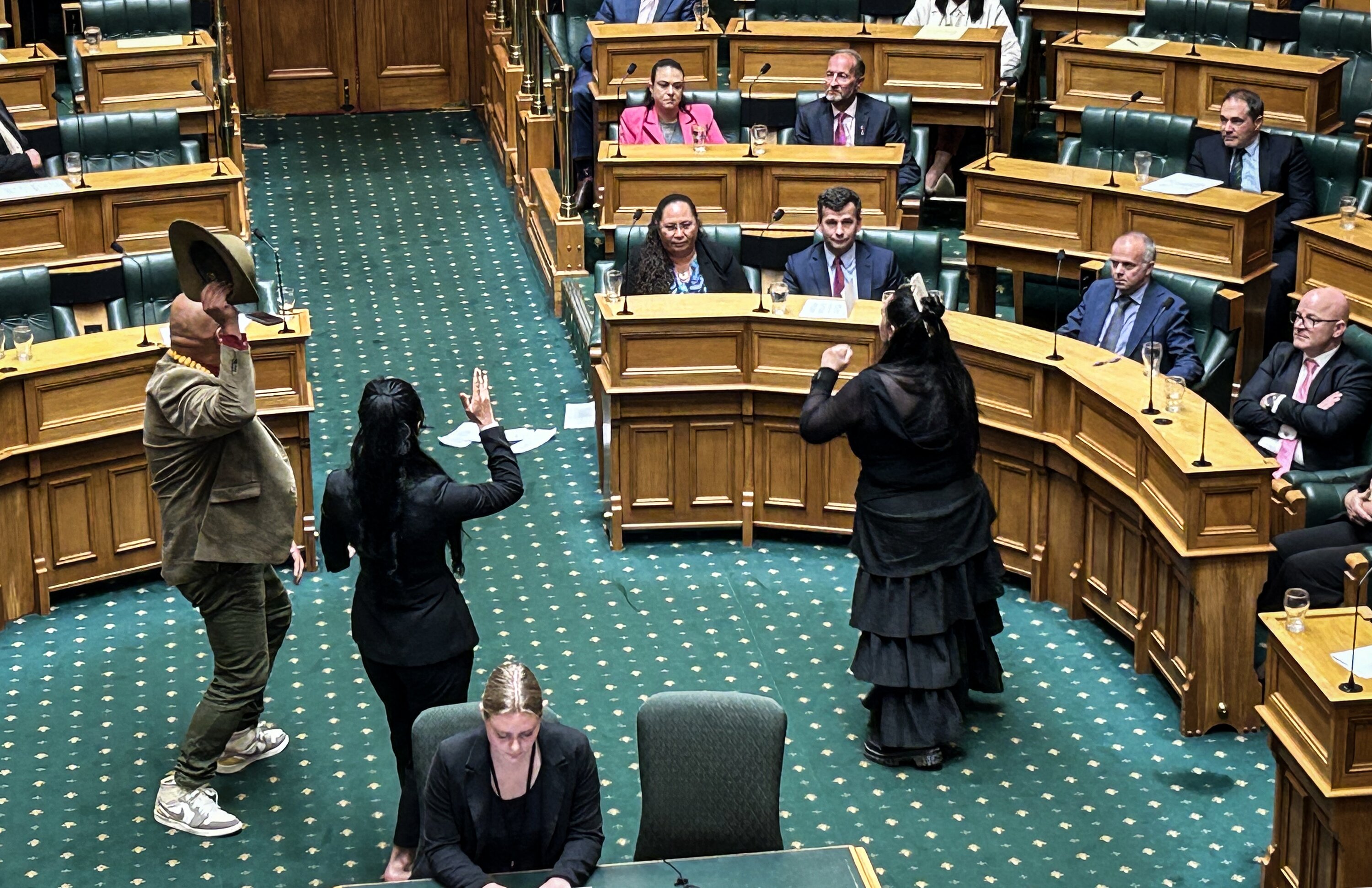 Members of Te Pāti Māori perform a haka in front of Act MPs during the first reading of the Treaty Principles bill in the House at Parliament. Photo / Adam Pearse