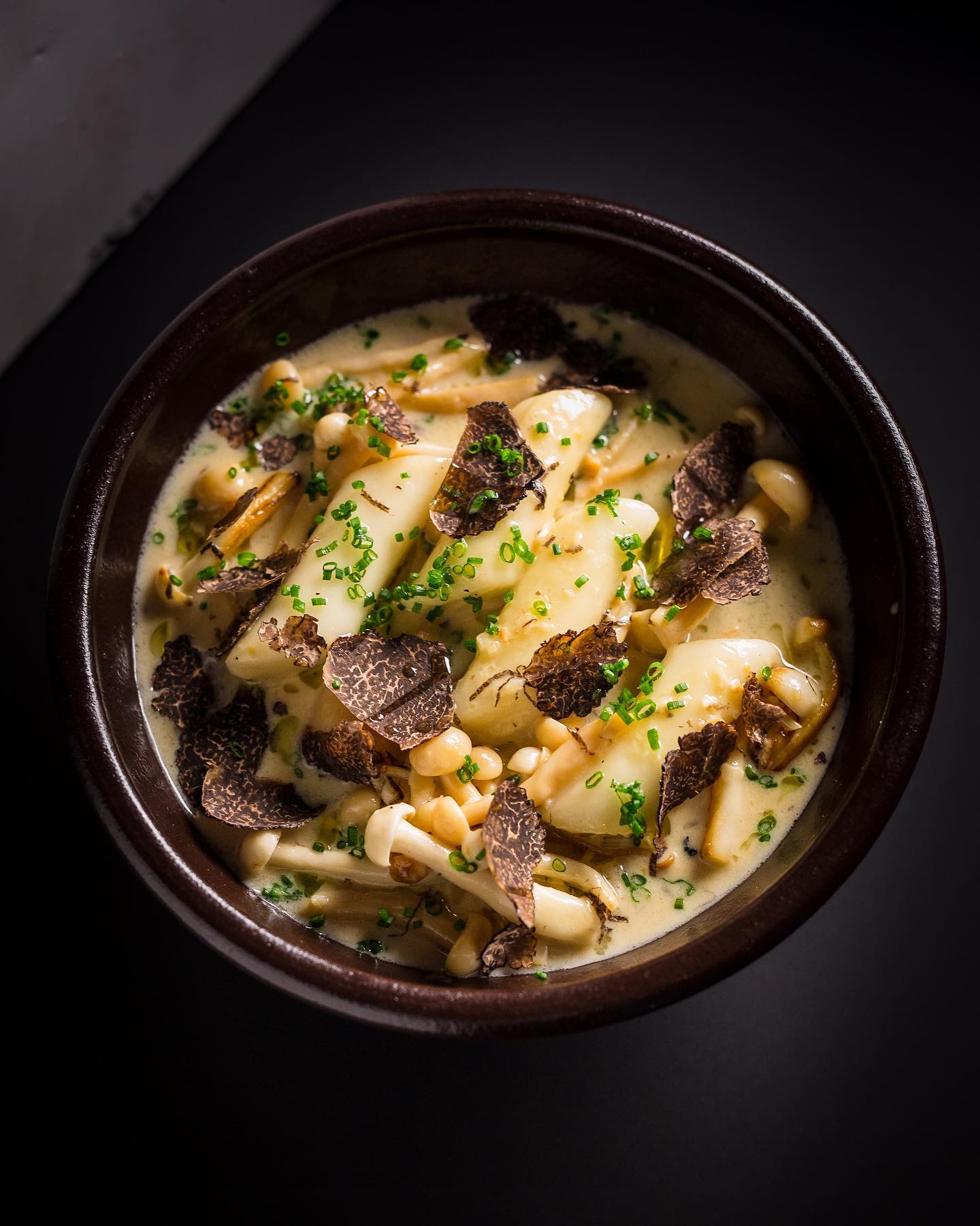 Tteok fermented soybean cream, shimeji and king trumpet shrooms, truffle, chewy rice cakes and chives, from Yangban. Photo / @Yangbanla
