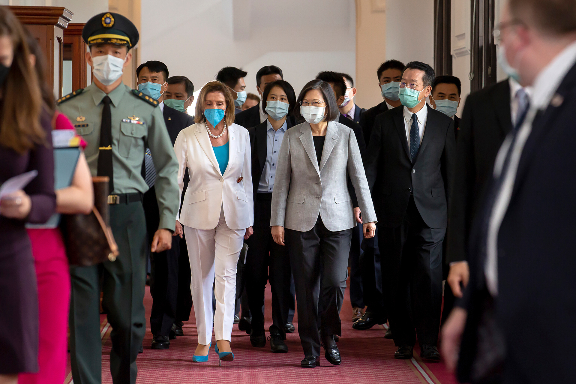 US House Speaker Nancy Pelosi and Taiwanese President Tsai Ing-wen arrive for a meeting in Taipei. Photo / AP
