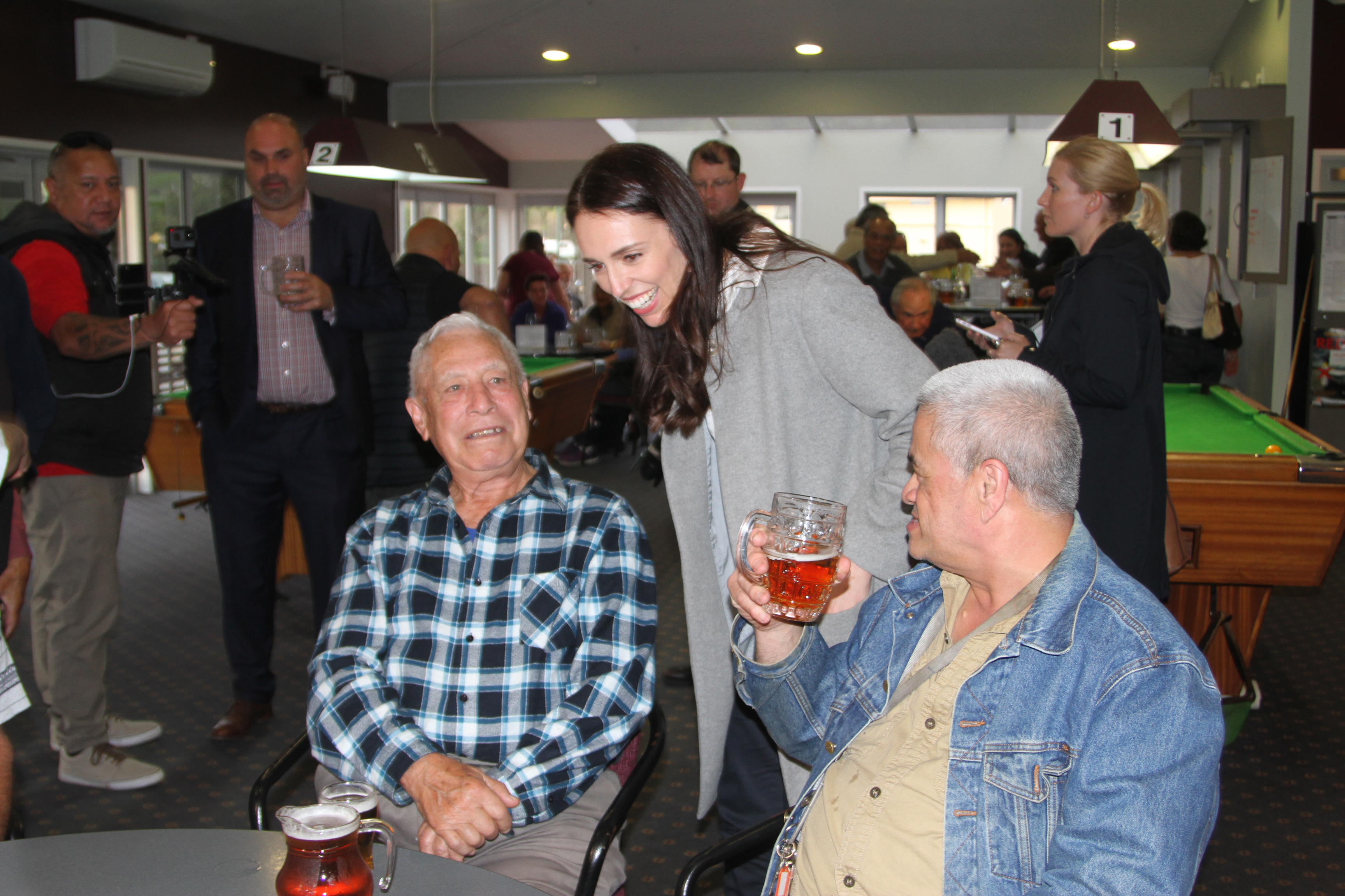 Labour Leader Jacinda Adern at the Kaitaia RSA with Toto Thompson ahead of announcing almost $3M funding for the Te Hiku Sports Hub. Photo/Peter Jackson