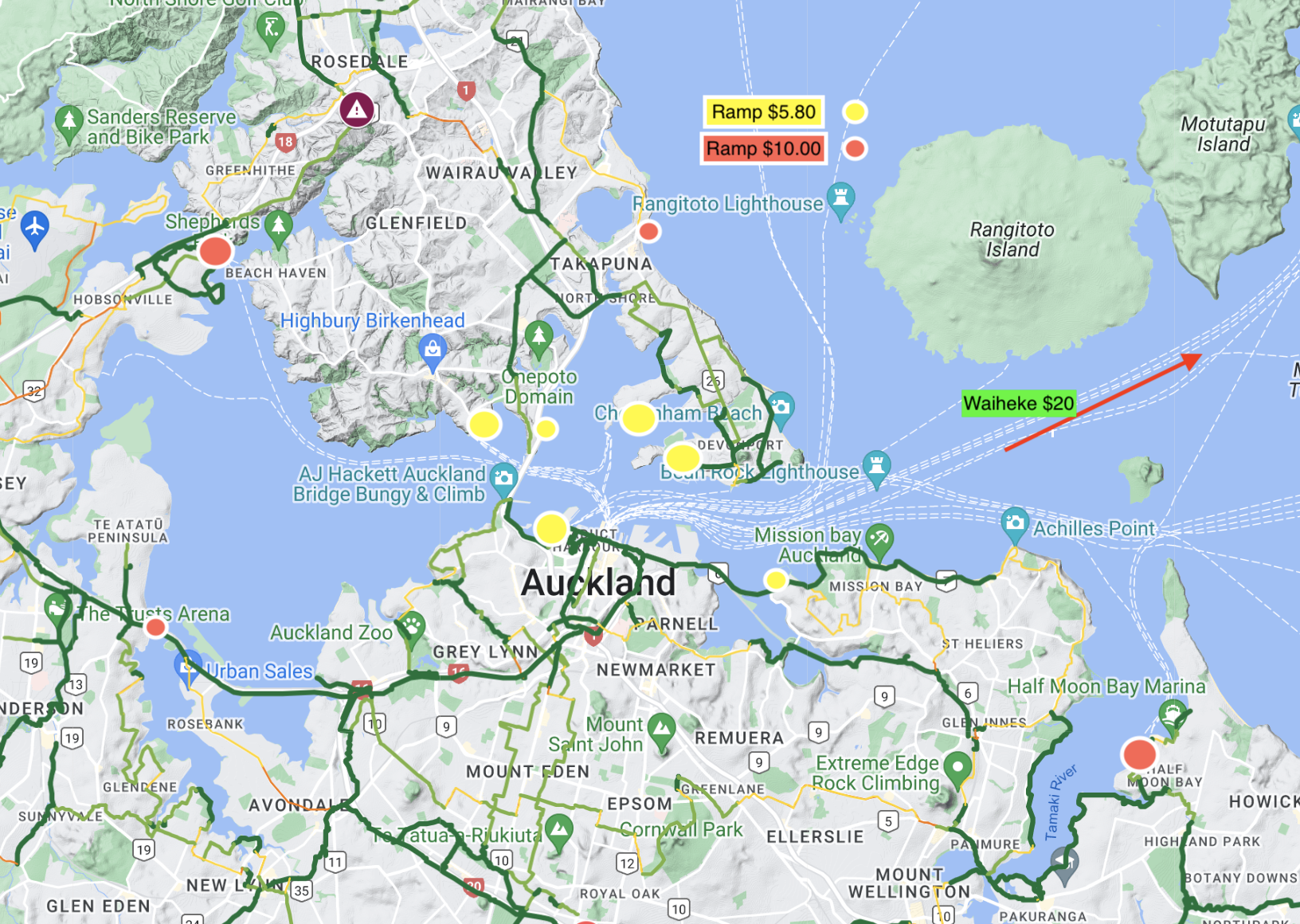 The bike ferry berths proposed by Hauraki Express, with existing cycleways in green. Image / Supplied
