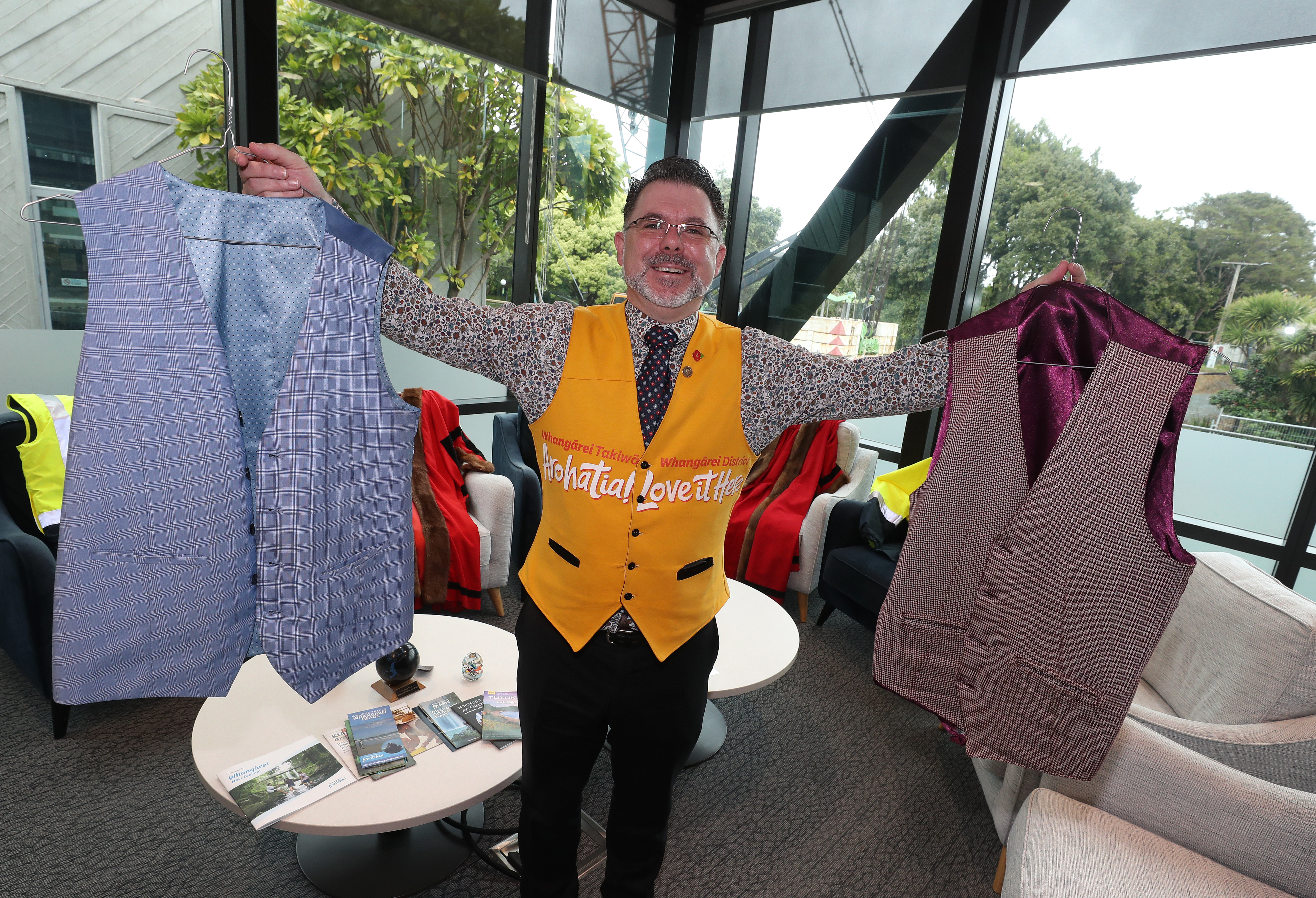 Whangārei District Mayor Vince Cocurullo is invested in vests, the purple-toned garment in his left hand made by his mother and worn to his formal investiture. Photo / Michael Cunningham