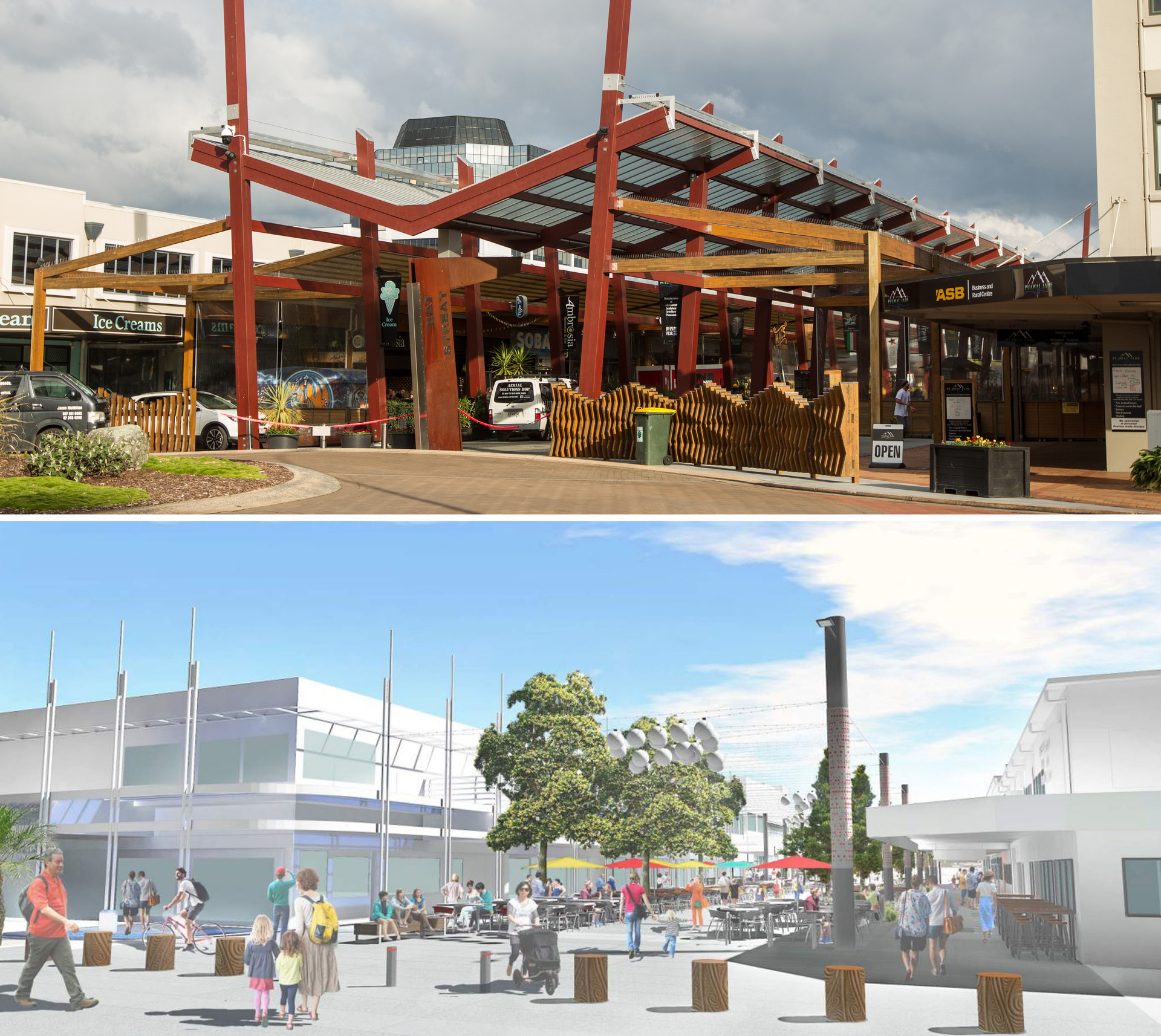 The entries to Eat Streat, top, and the concept for one end of Wharf St, bottom. Images / Stephen Parker, Tauranga City Council