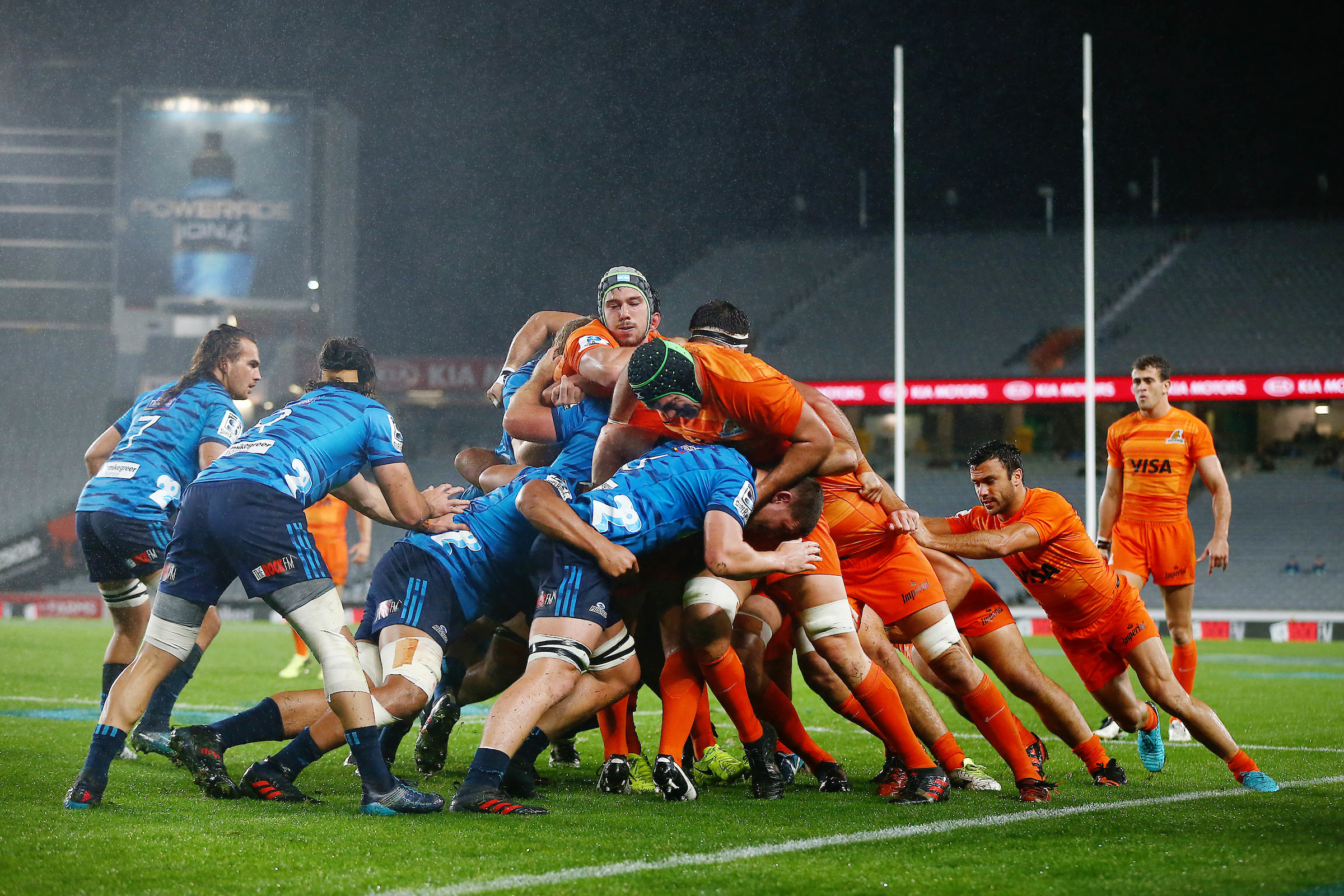 The Jaguares charge forward against the Blues in 2018. Photo / Photosport