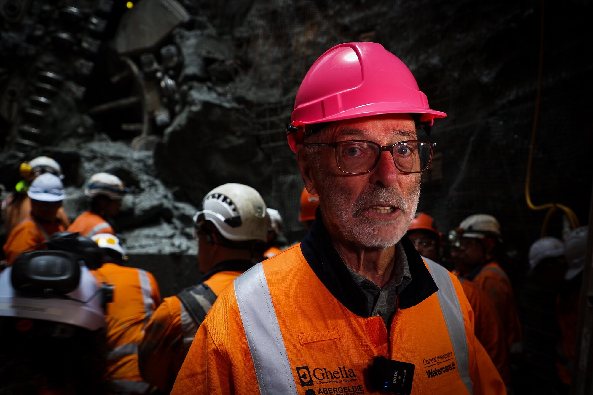 Mayor Wayne Brown underground with workers on the Central Interceptor. Photo / Michael Craig

