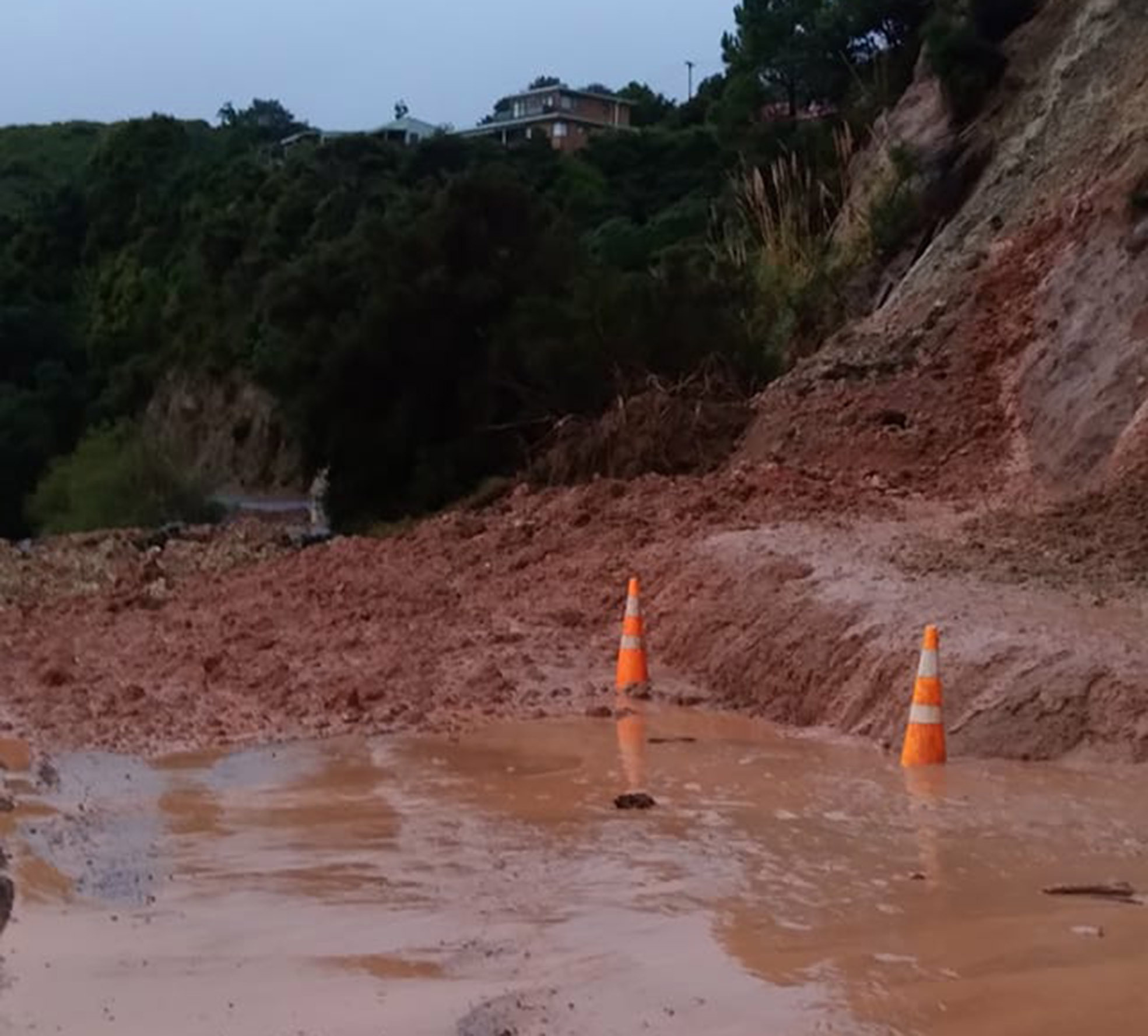 Slip blocking Te Kouma Rd in the Coromandel this morning. Photo / Ann Leef