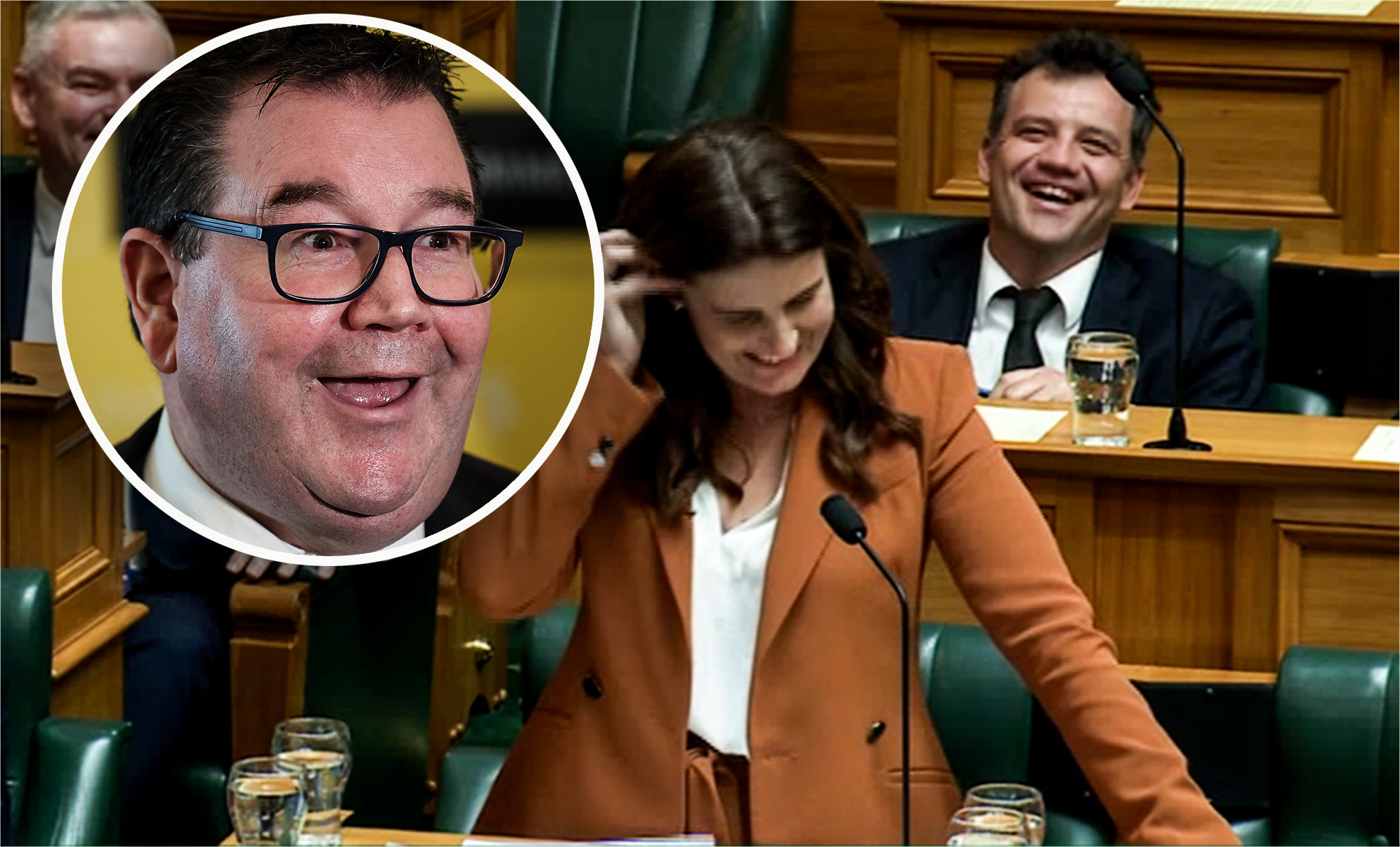 National MP Nicola Willis laughs in Parliament after asking Grant Robertson (inset) an 'inappropriate' question. Photos / Supplied