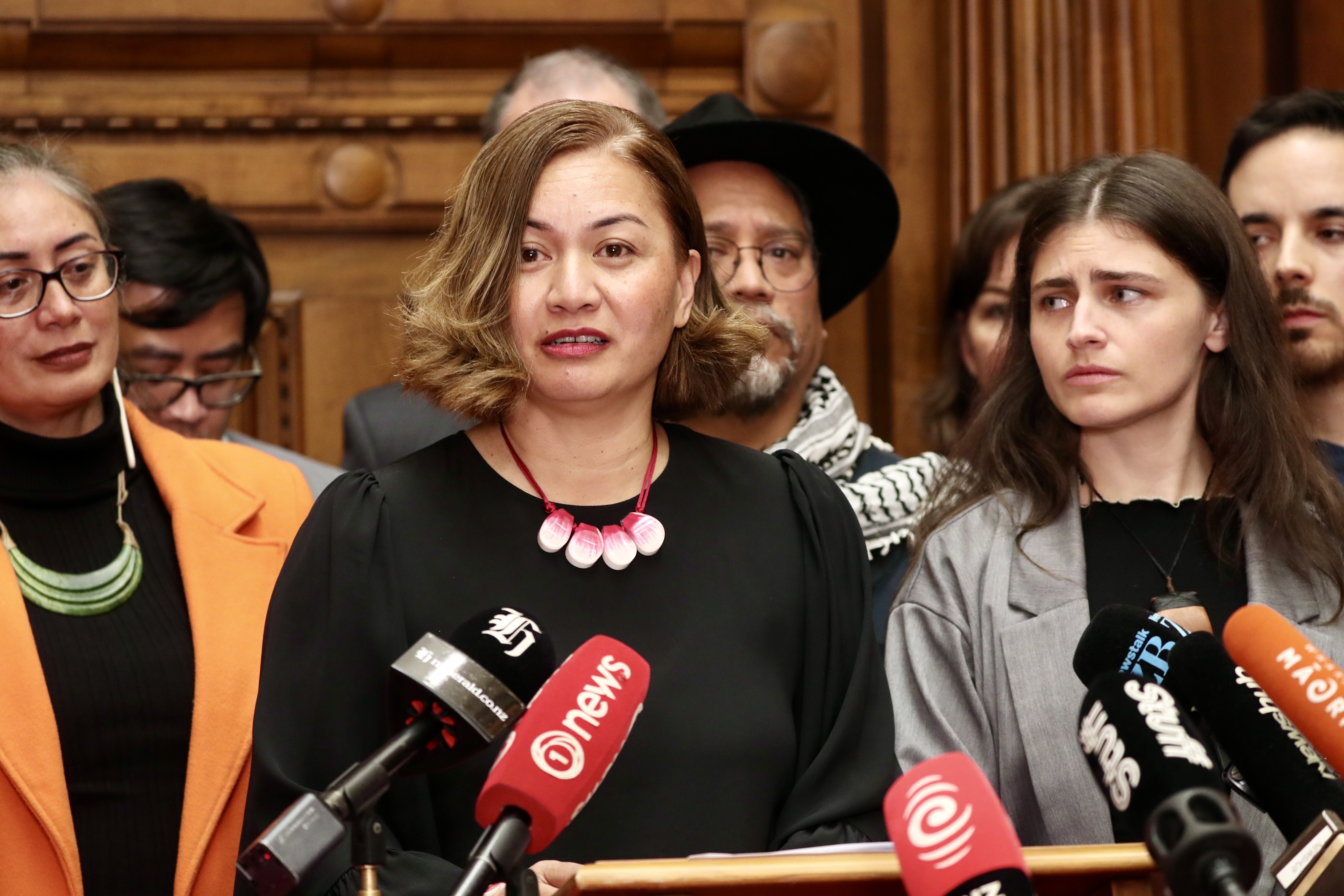 Green Party co-leader, Marama Davidson, announces cancer diagnoses to media. Photo / Mark Mitchell