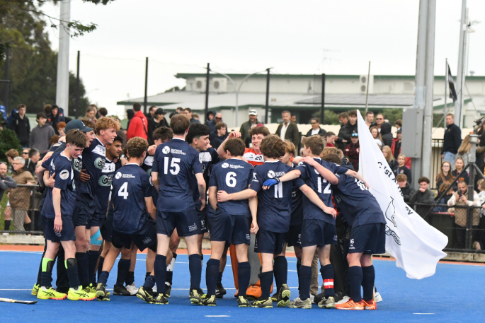 Tauranga Boys' College First XI celebrating after winning the final of the Rankin Cup. Photo / Sally Valois.