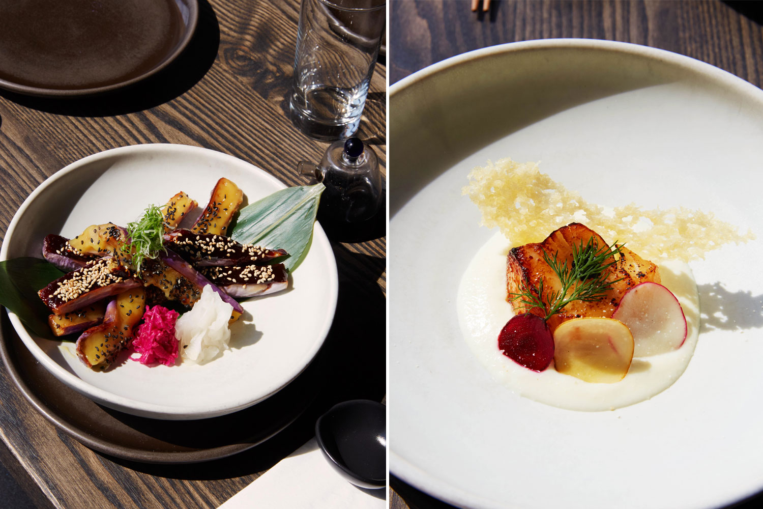 Miso-glazed eggplant with pickled red cabbage; Tooth fish with cauliflower puree and beetroot pickles. Photos / Rebecca Zephyr Thomas 