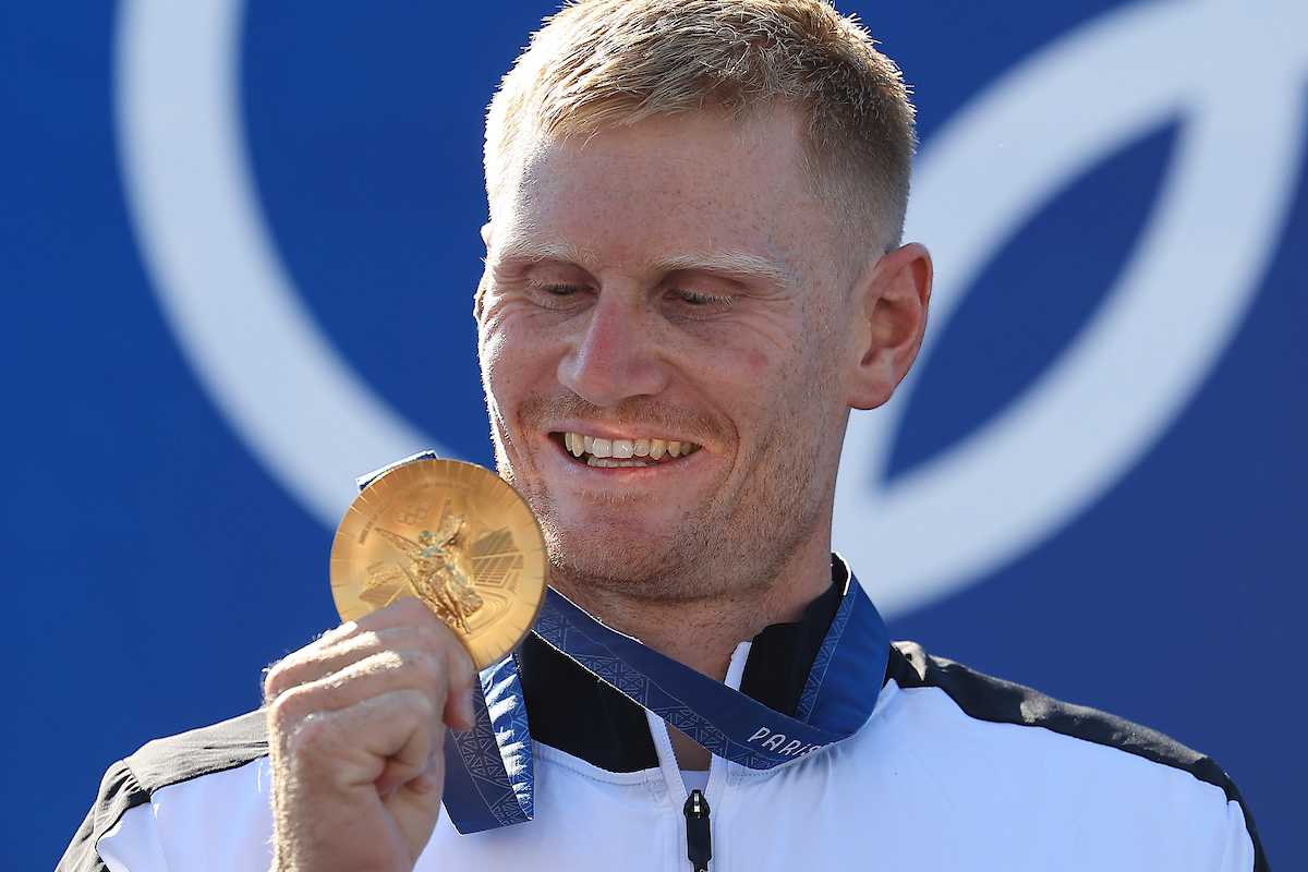 Finn Butcher of New Zealand wins gold in the Canoe Slalom gold medal final. Photo / Photosport