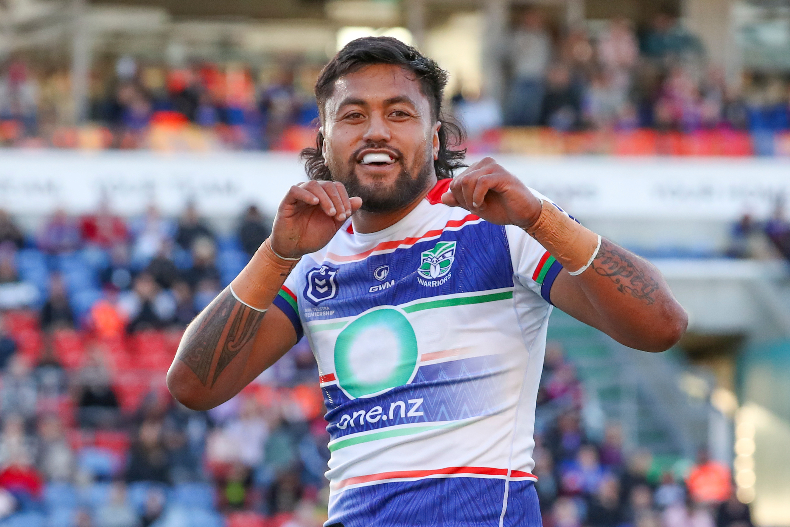 Adam Pompey celebrates his try against the Knights. Photo / Photosport