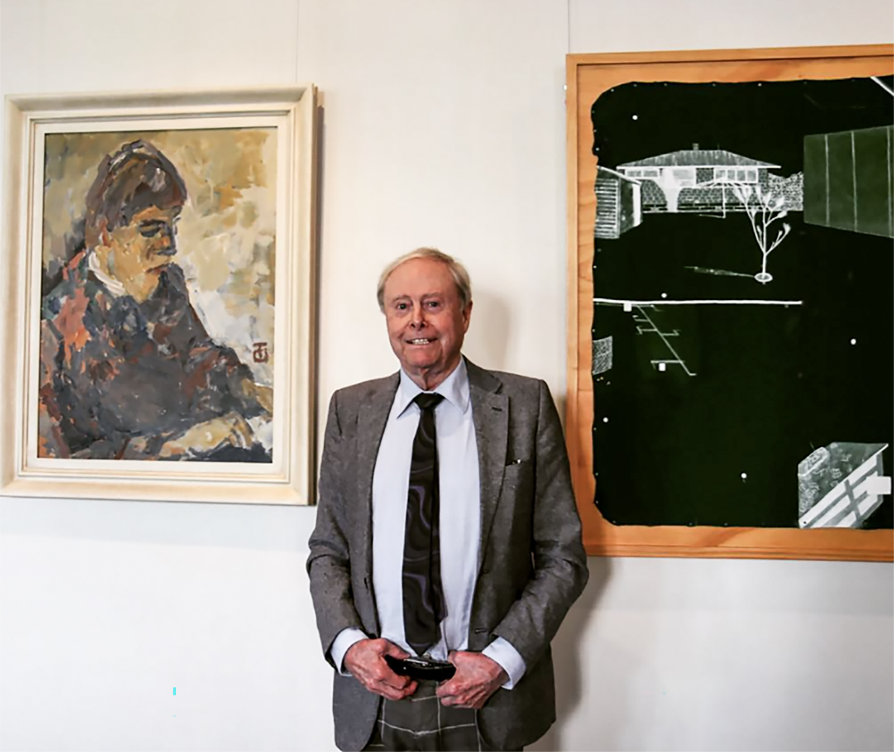 Sir James Wallace at the Northern Club in central Auckland in October 2018 with art loaned and hung in the Logan Campbell room. Photo / Supplied