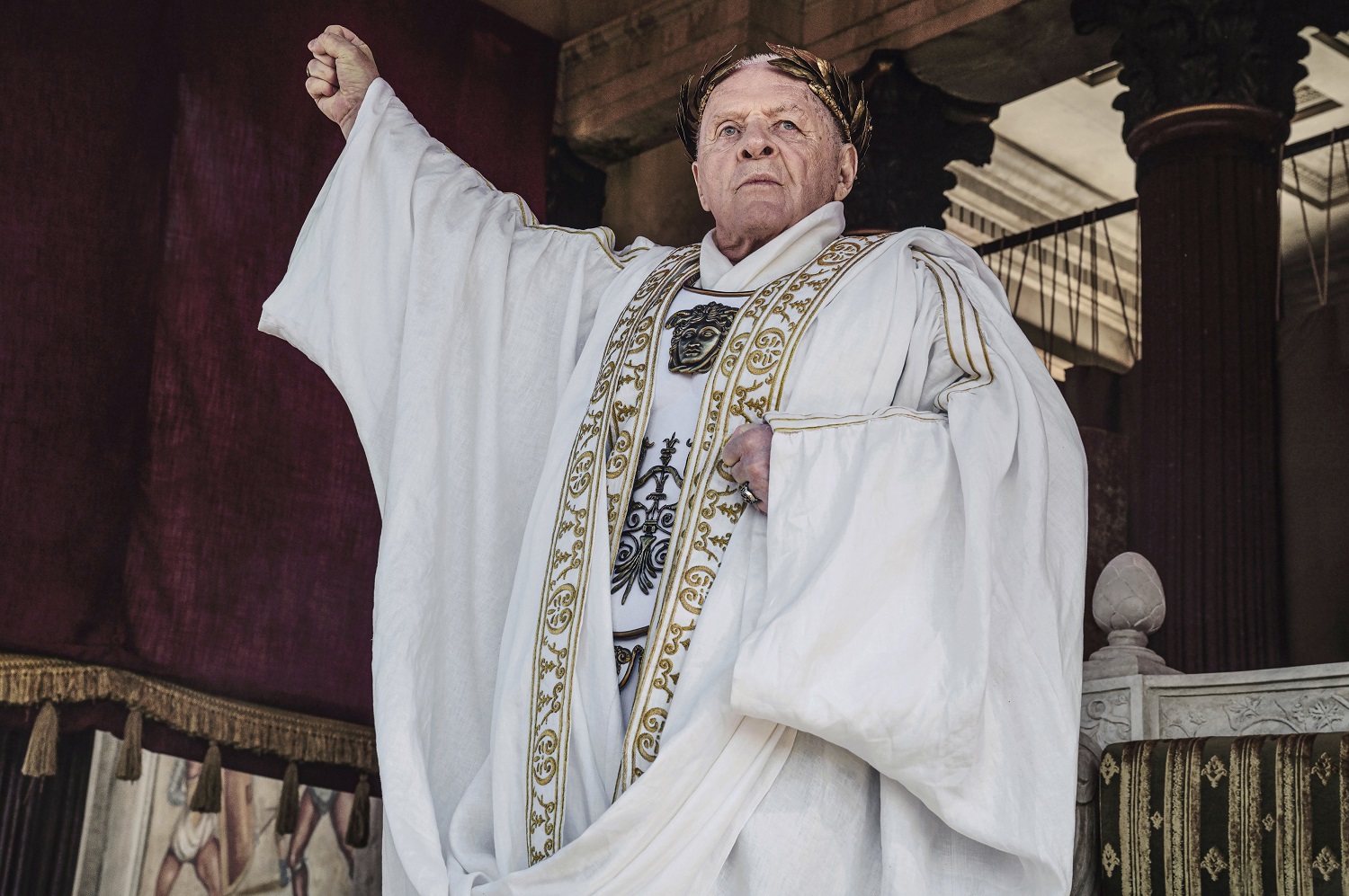 Sir Anthony Hopkins stars as Vespasian in the series Those About to Die, debuting on Prime Video Friday July 19.