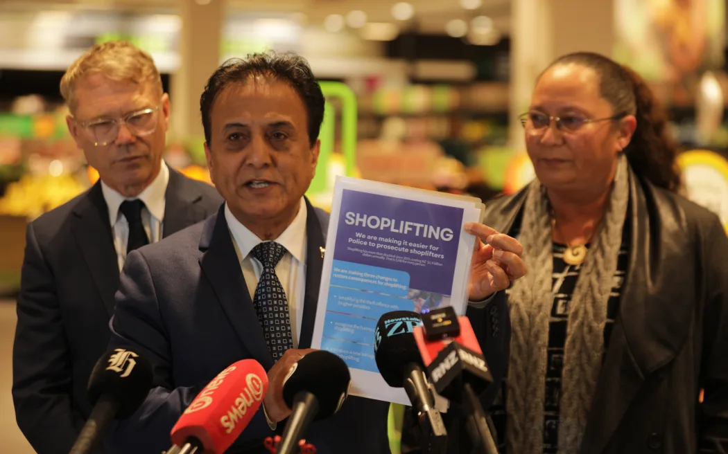 Sunny Kaushal with Justice Minister Paul Goldsmith and Associate Justice Minister Nicole McKee. Photo / RNZ, Calvin Samuel