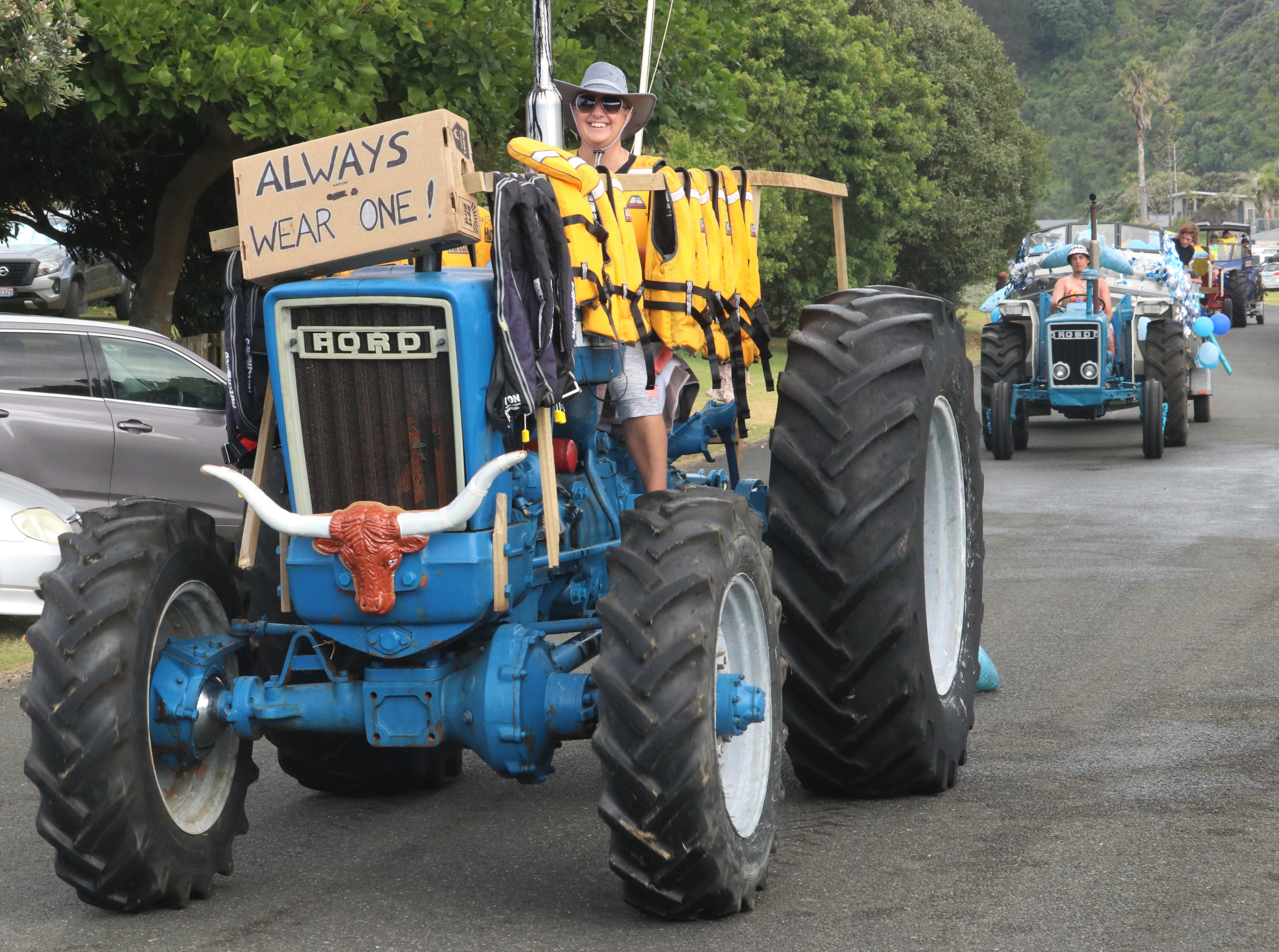 The parade wasn’t all frivolity — this tractor had an important water safety message. Photo / Peter de Graaf