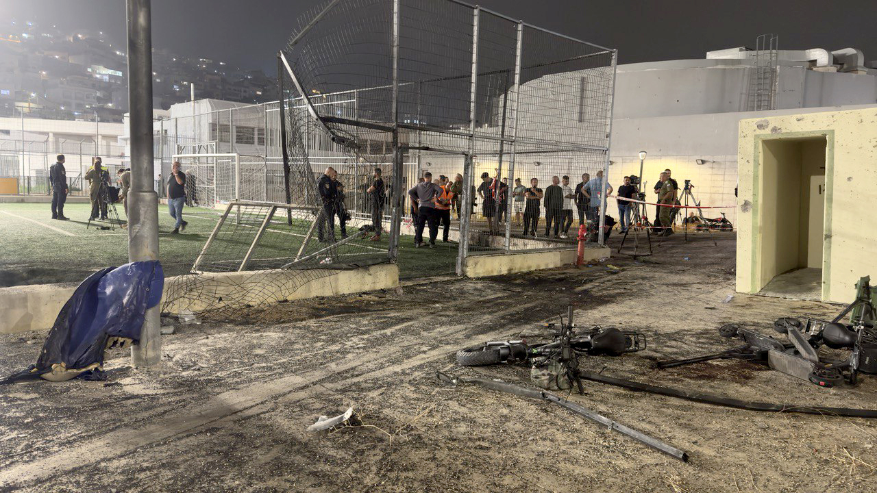 A view of the damage to the football field after a missile attack on the town of Majdal Shams in the northern Golan Heights, which is Israel-occupied territory. At least 11 people were killed and 37 others injured in a missile attack, the Israeli authorities claimed. Photo / Anadolu via Getty Images