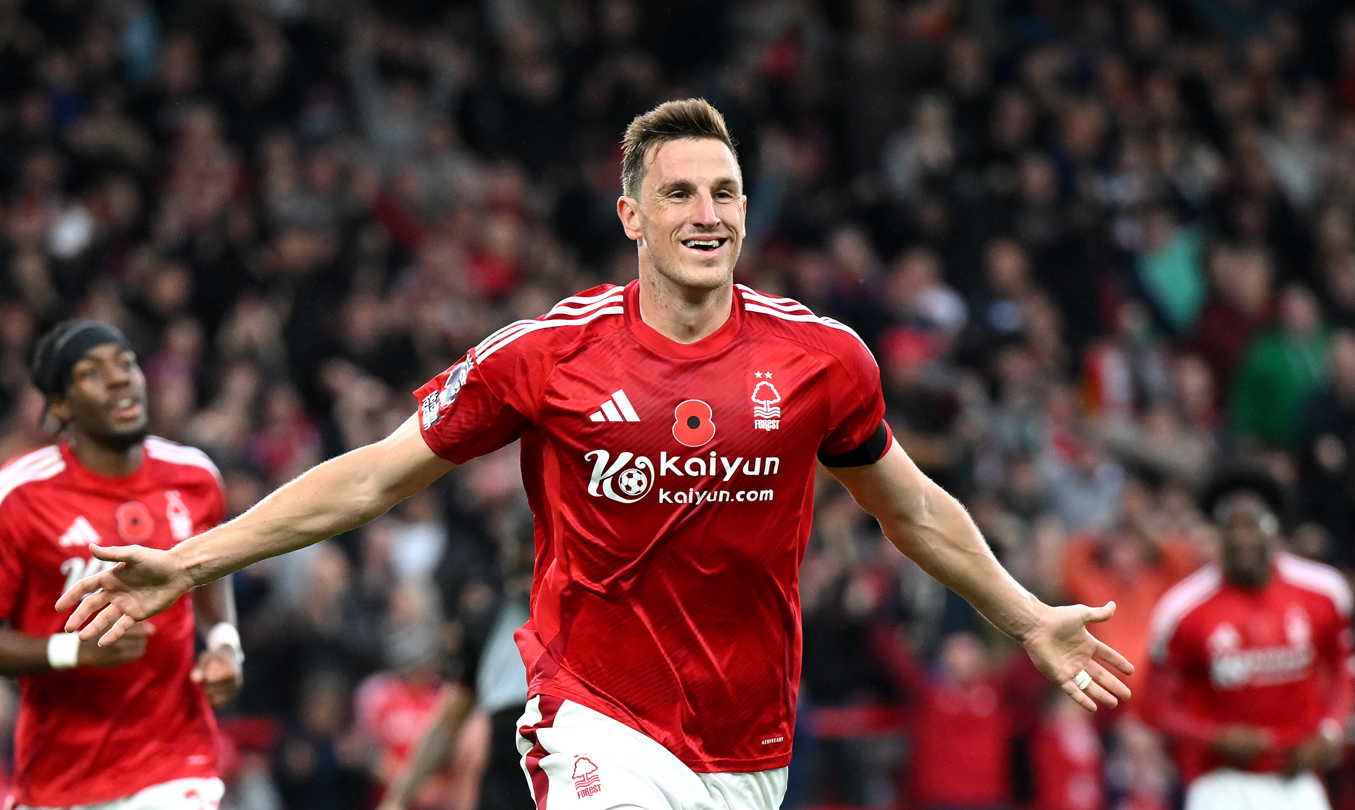 Chris Wood celebrates scoring his team's first goal during the Premier League match between Nottingham Forest FC and West Ham United FC at City Ground last November in Nottingham, England. Photo / Michael Regan, Getty Images