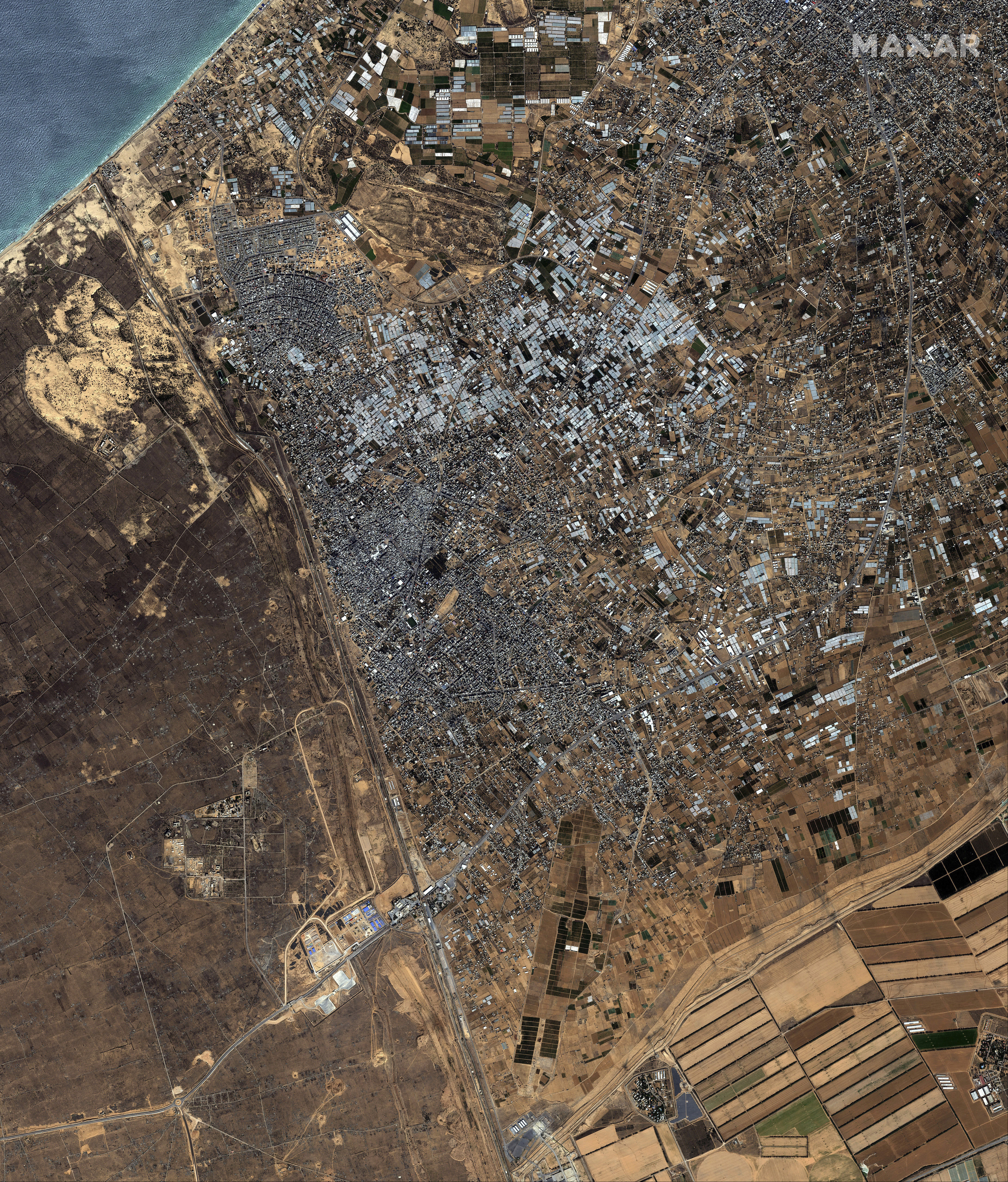 This image provided by Maxar Technologies, shows an overview of the Palestinian city of Rafah and south Gaza Strip, Sunday, Oct. 15, 2023. (Satellite image ©2023 Maxar Technologies via AP)