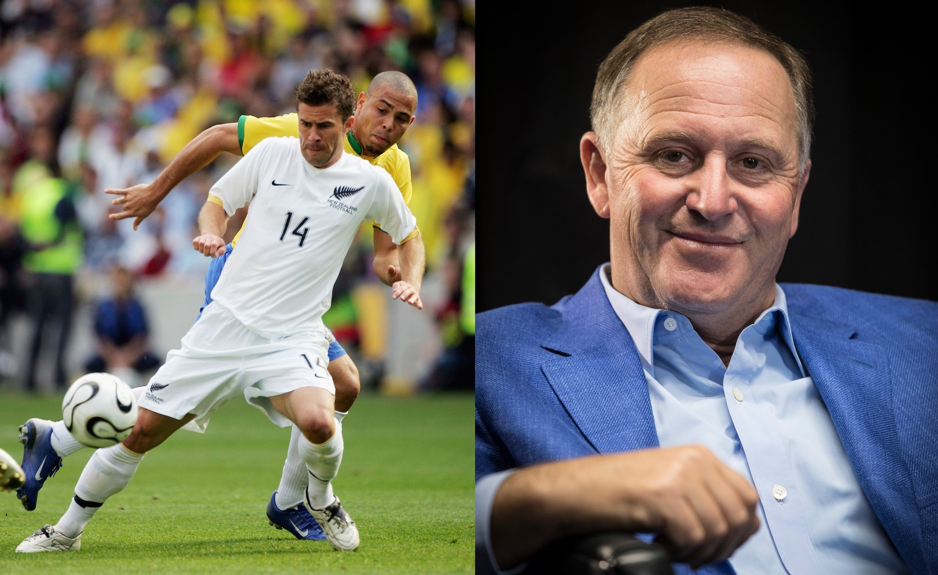 Noah Hickey during an All Whites game against Brazil in 2006; John Key, a board partner for venture capital firm Amplo, which has invested in Hickey's startup. Photos / Getty Images, Greg Bowker