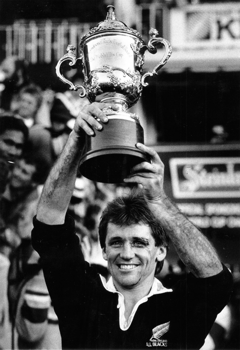 David Kirk holds aloft the Webb Ellis Cup. Photo / File