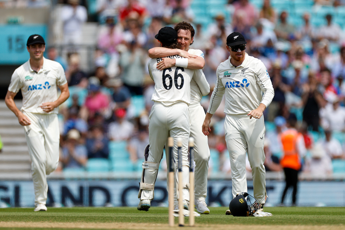 Matt Henry celebrates taking the wicket of Jordan Cox of England with teammate Tom Blundell. Photo / Photosport