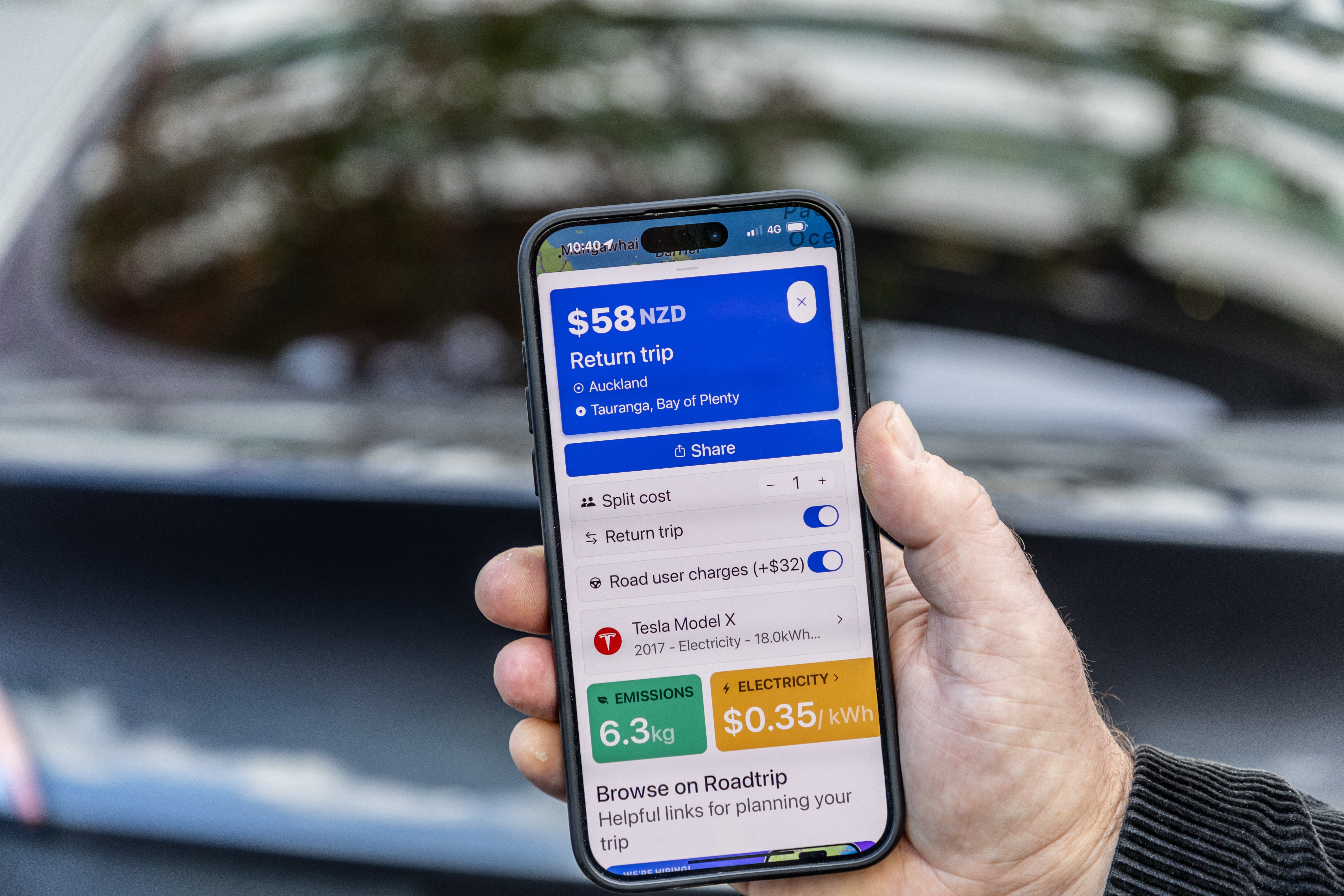 The Road Trip app reveals that an Auckland-Tauranga return trip, which previously would have cost a Tesla Model 3 owner $26 (the charging bill) will total $58 once you factor in $32 worth of road user charges. Photo / Michael Craig. 