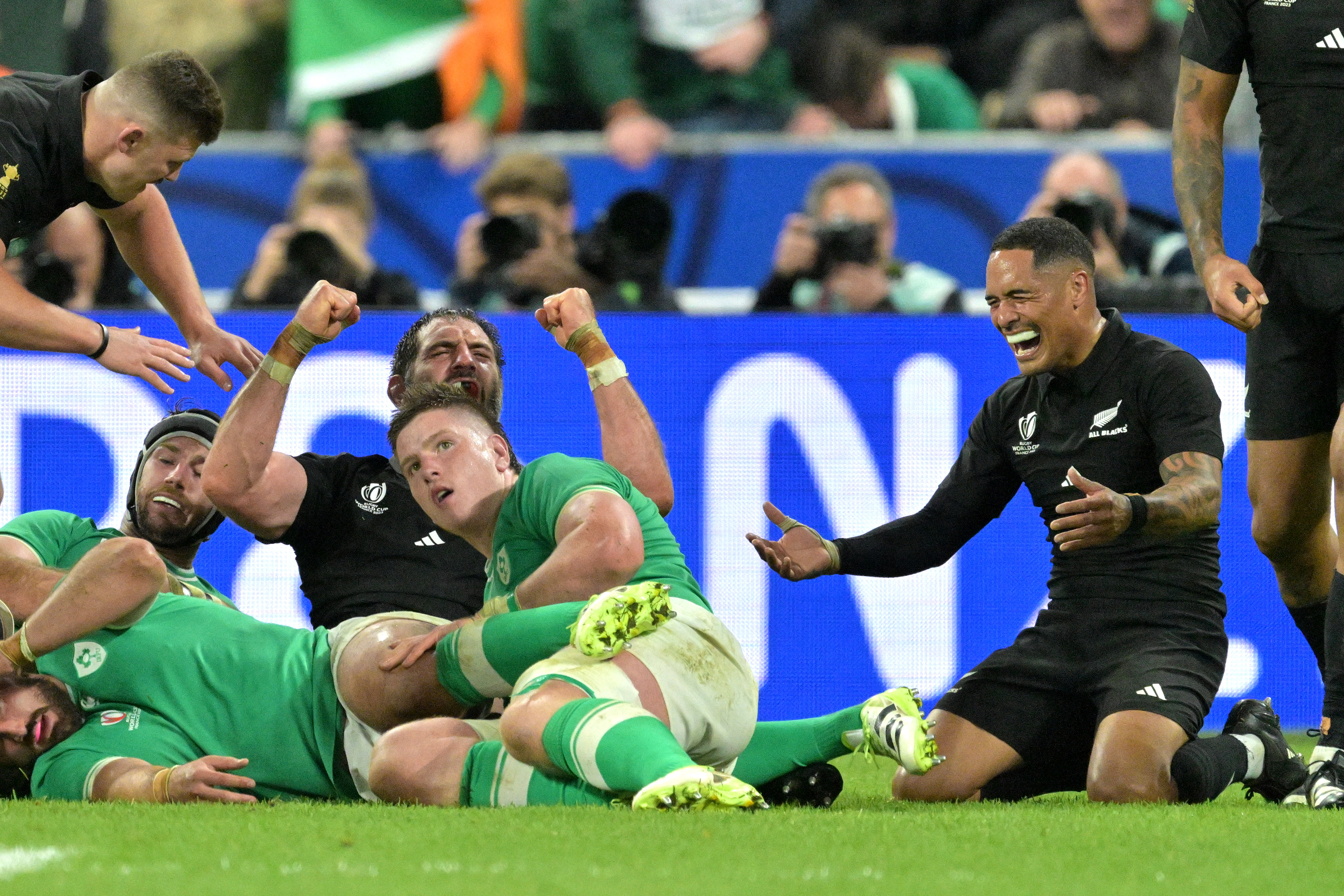 Sam Whitelock and Aaron Smith as the final whistle blows against Ireland in the Rugby World Cup quarterfinals. Photo / Getty Images