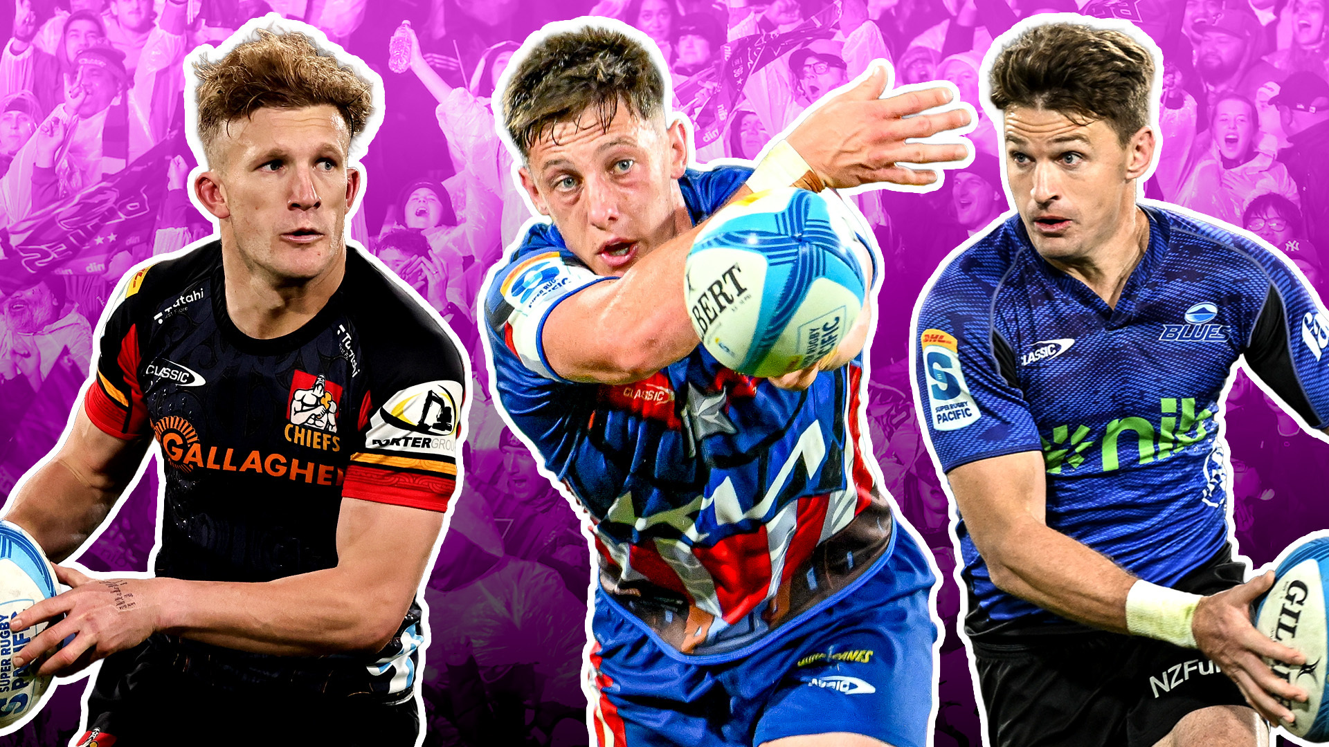 Damian McKenzie, Cam Roigard and Beauden Barrett. Photos / Photosport. Illustration / Phil Welch.