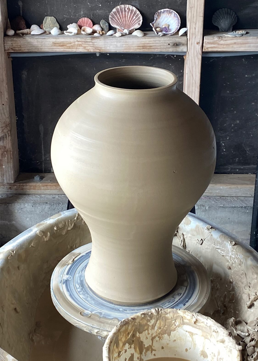 A work-in-progress vase from the garage that houses Sofyah Ceramics.