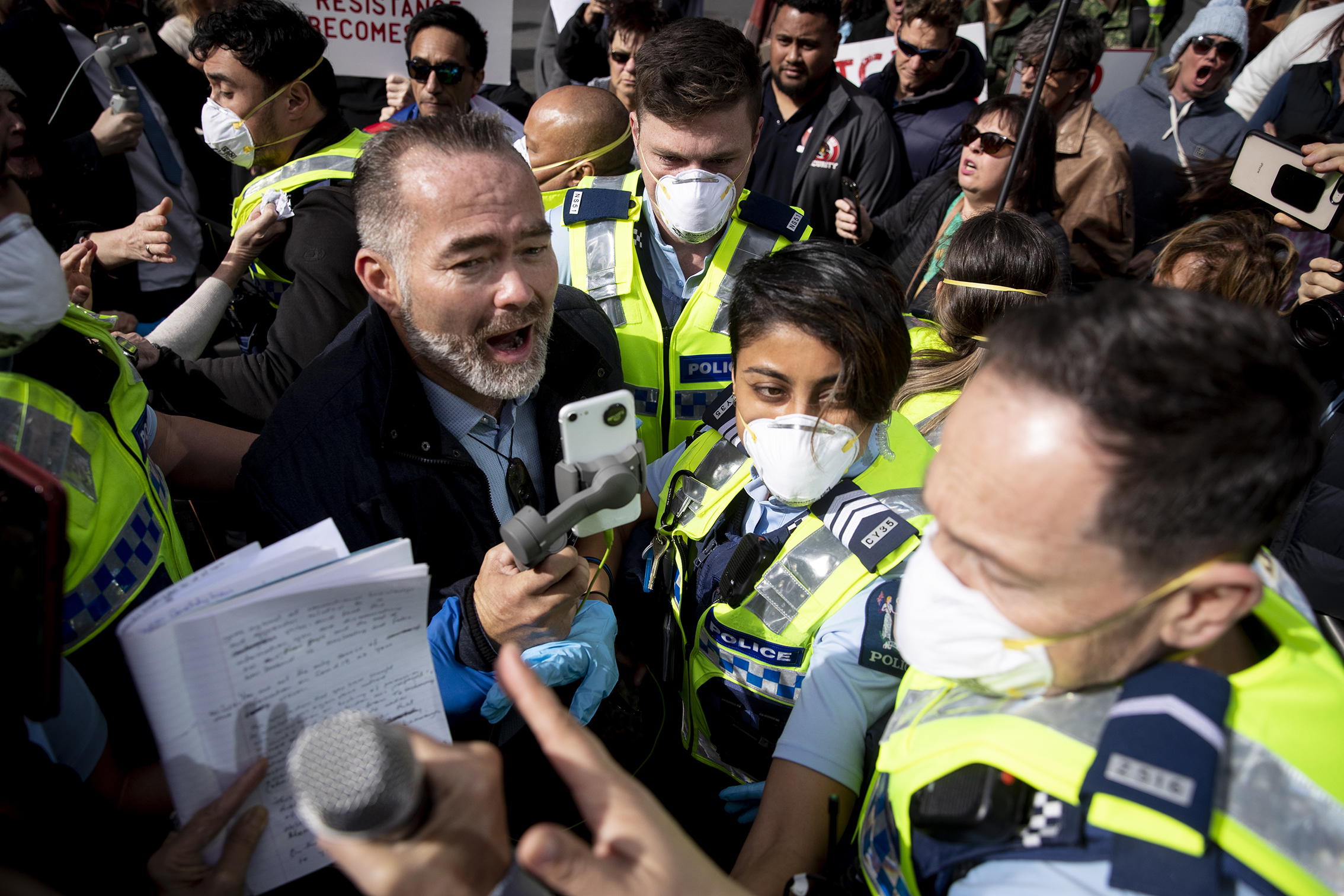 Prominent conspiracy theorist Billy Te Kahika, pictured at a 2021 anti-lockdown protest in Auckland at which he was led away by police. Researchers have delved into what makes people adopt conspiracy beliefs. Photo / Dean Purcell