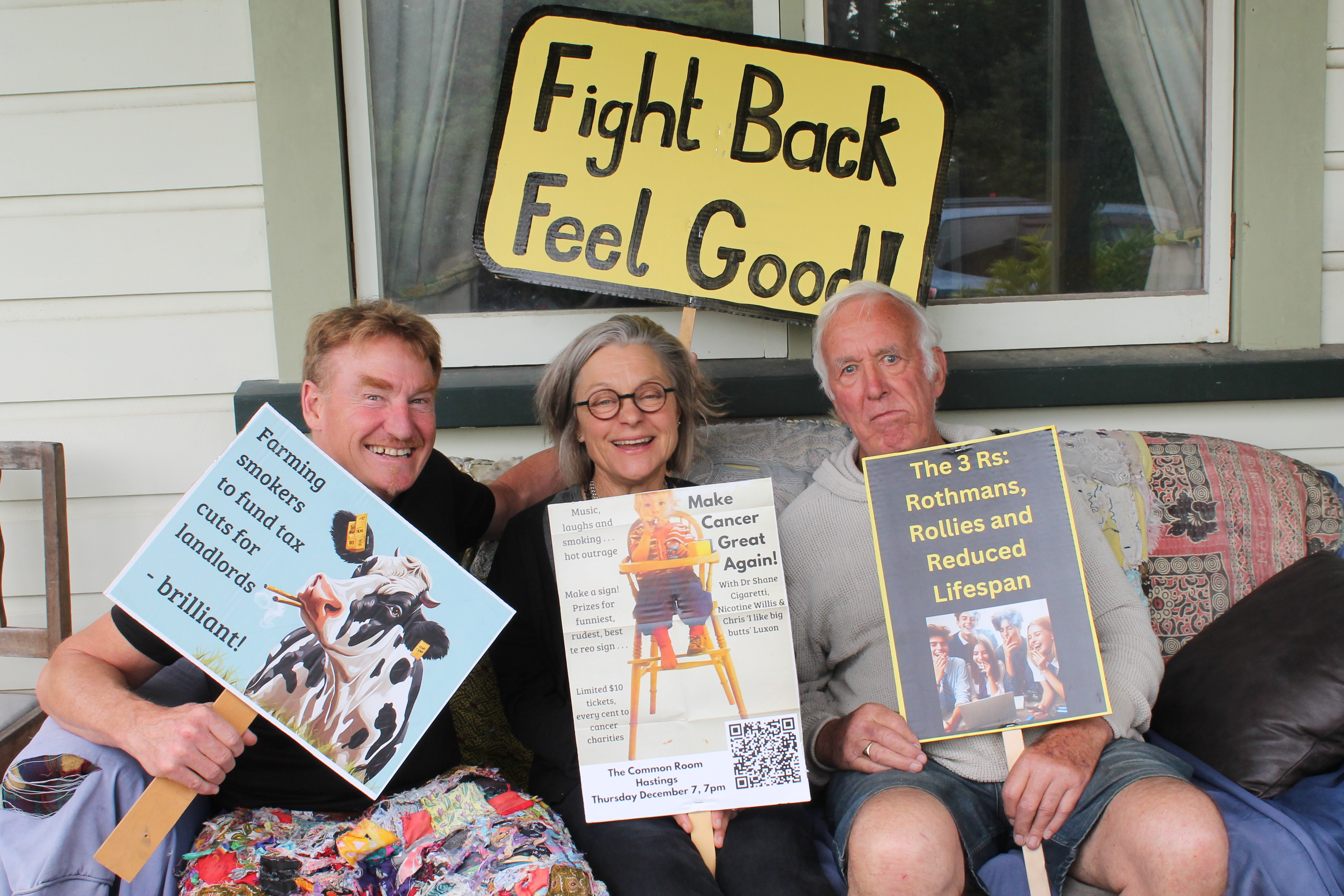 Organisers Neill Gordon, Ani Tylee and Ken Keys of Thursday's 'Make Cancer Great Again' show in Hastings say it will be 