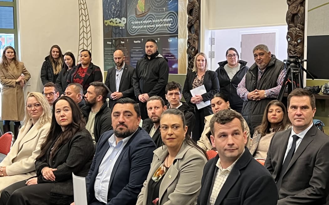 Acting PM David Seymour and Children's Minister Karen Chhour (front row right and second right) at Te Au rere a te Tonga Youth Justice Residence in Palmerston North. Photo / RNZ / Rachel Helyer-Donaldson