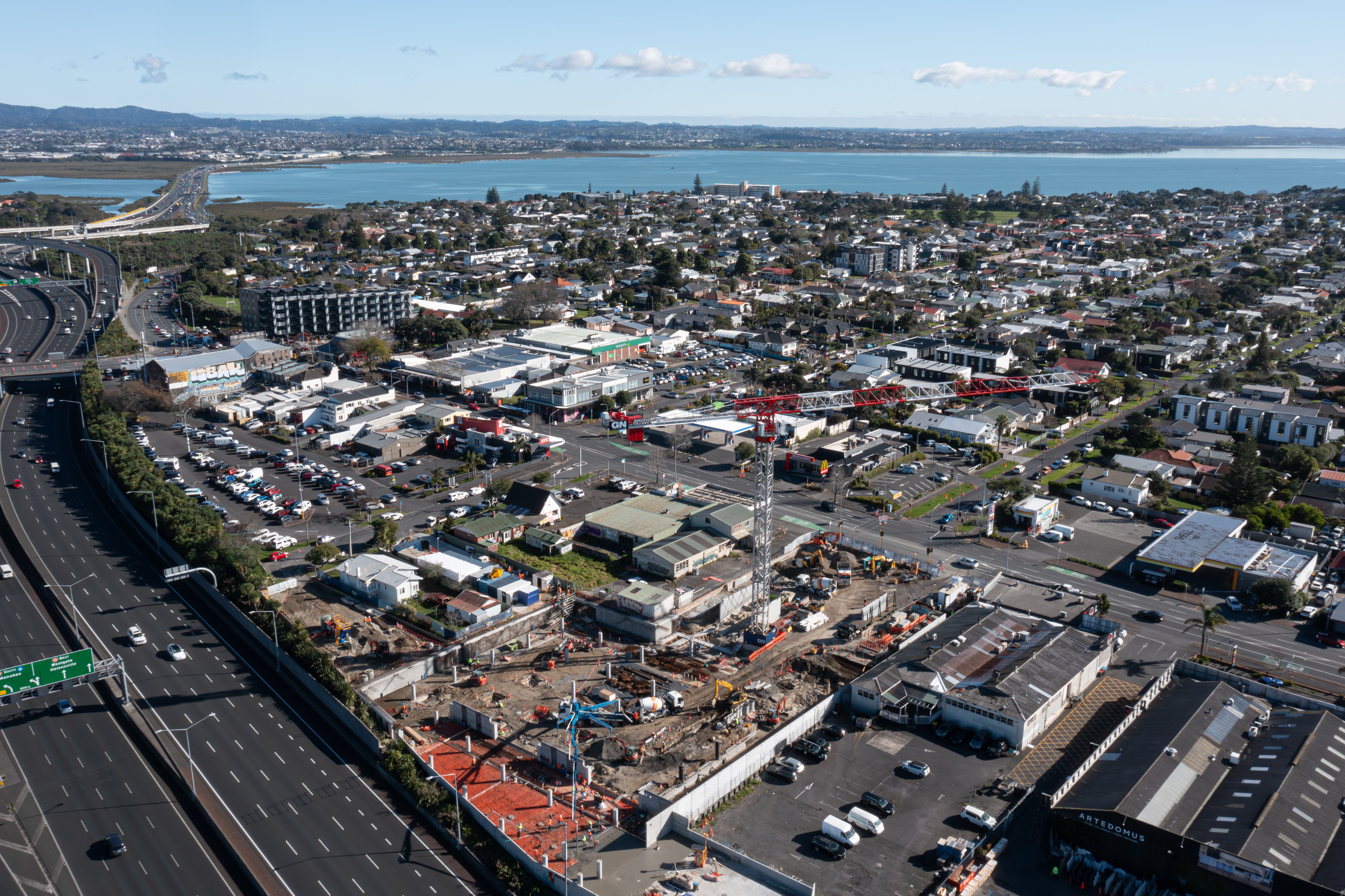 An aerial view of Albert Andrews' Point Chevalier home and the New World construction site. Photo / Jason Dorday