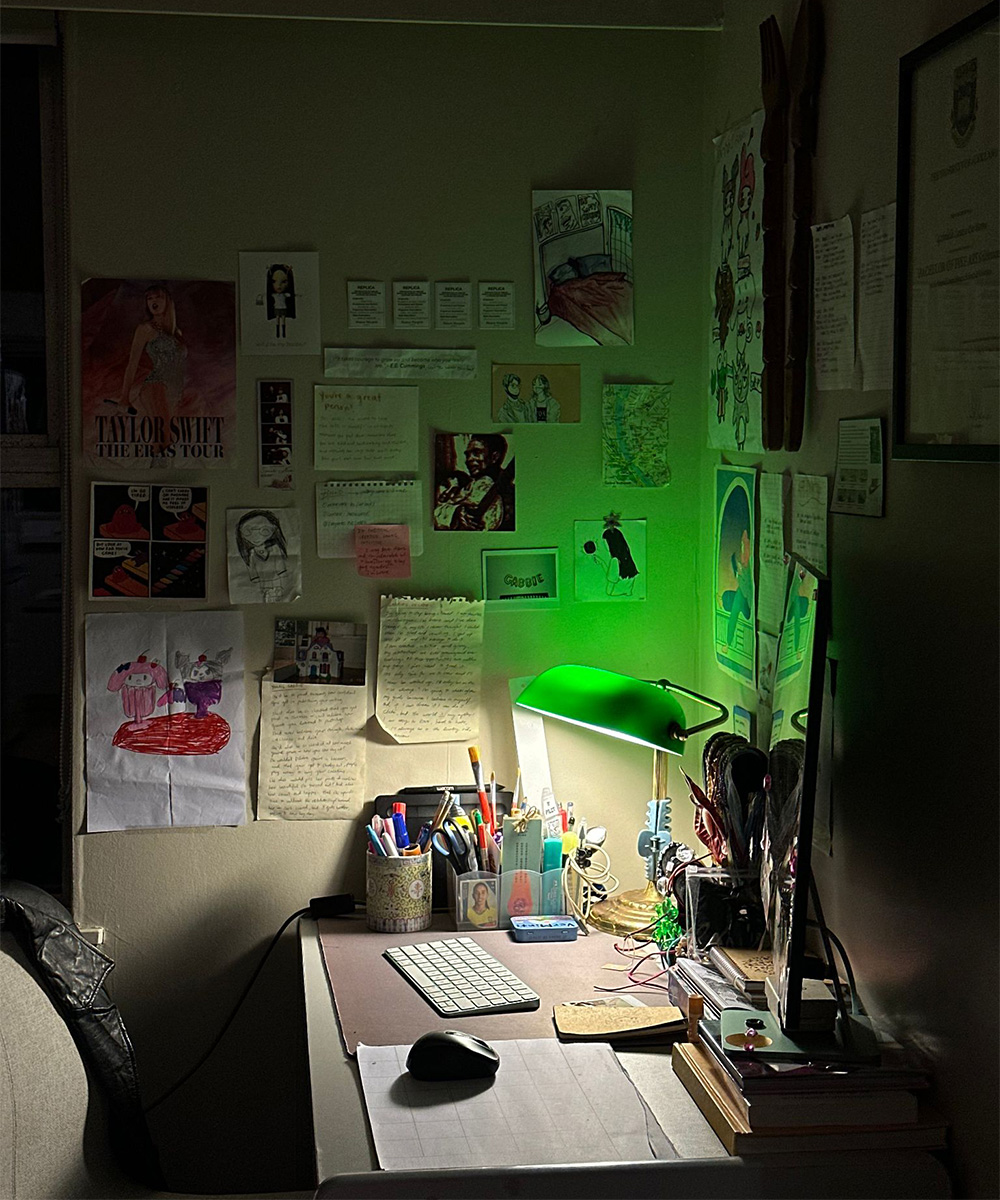 Gabbie De Baron's moody workspace accommodates graphic design, illustration,  freelance writing and jewellery making.