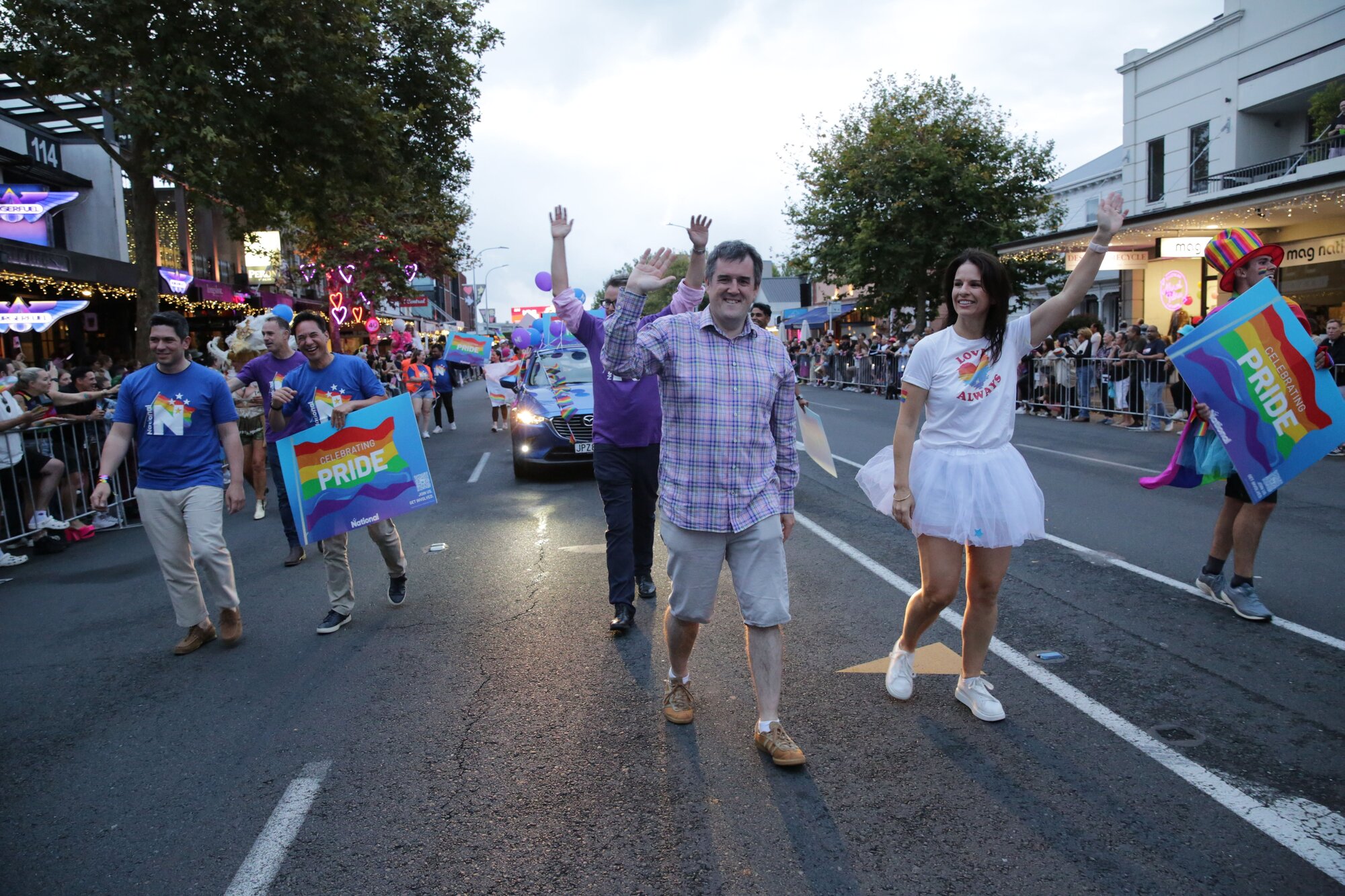 Chris Bishop, not delivering a speech but walking in the Rainbow Parade in Ponsonby Rd with fellow Government minister Erica Stanford. Photo / Sylvie Whinray