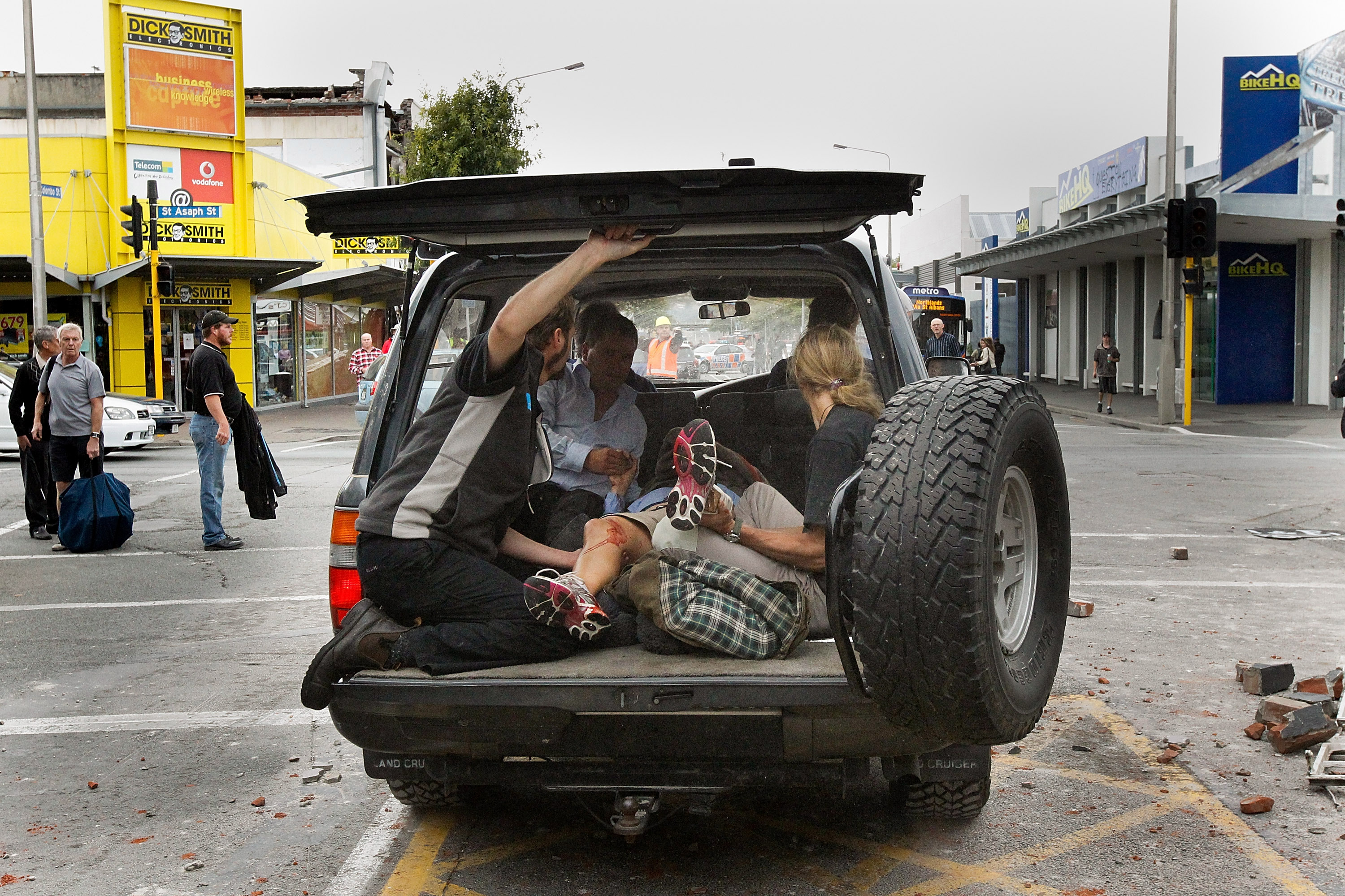 Ann Brower was rushed to hospital after being freed from the crushed bus in Colombo St, Christchurch. Photo / Martin Hunter