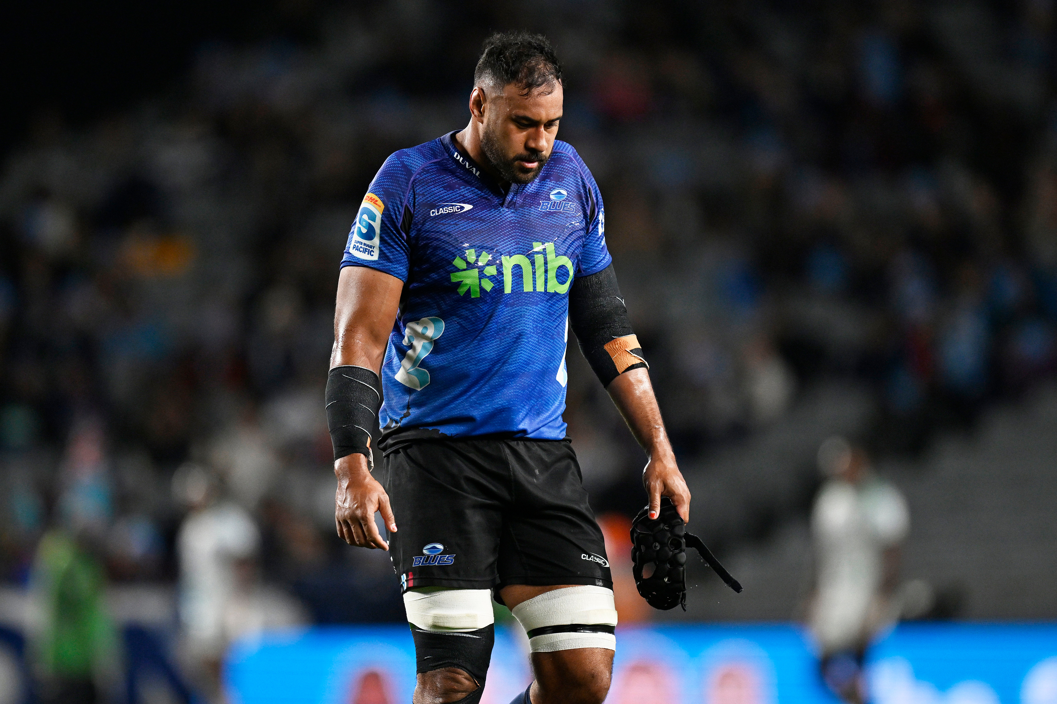 Blues captain Patrick Tuipulotu left the field with an injury in the Blues' win over the Fijian Drua. Photo / Photosport