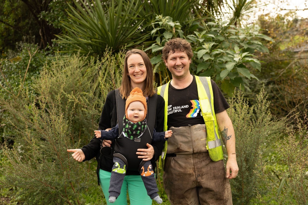 Love Whangārei Monthly Clean Up co-ordinators Karen Lee and Nick Connop, with their baby Logan. Photo / Supplied