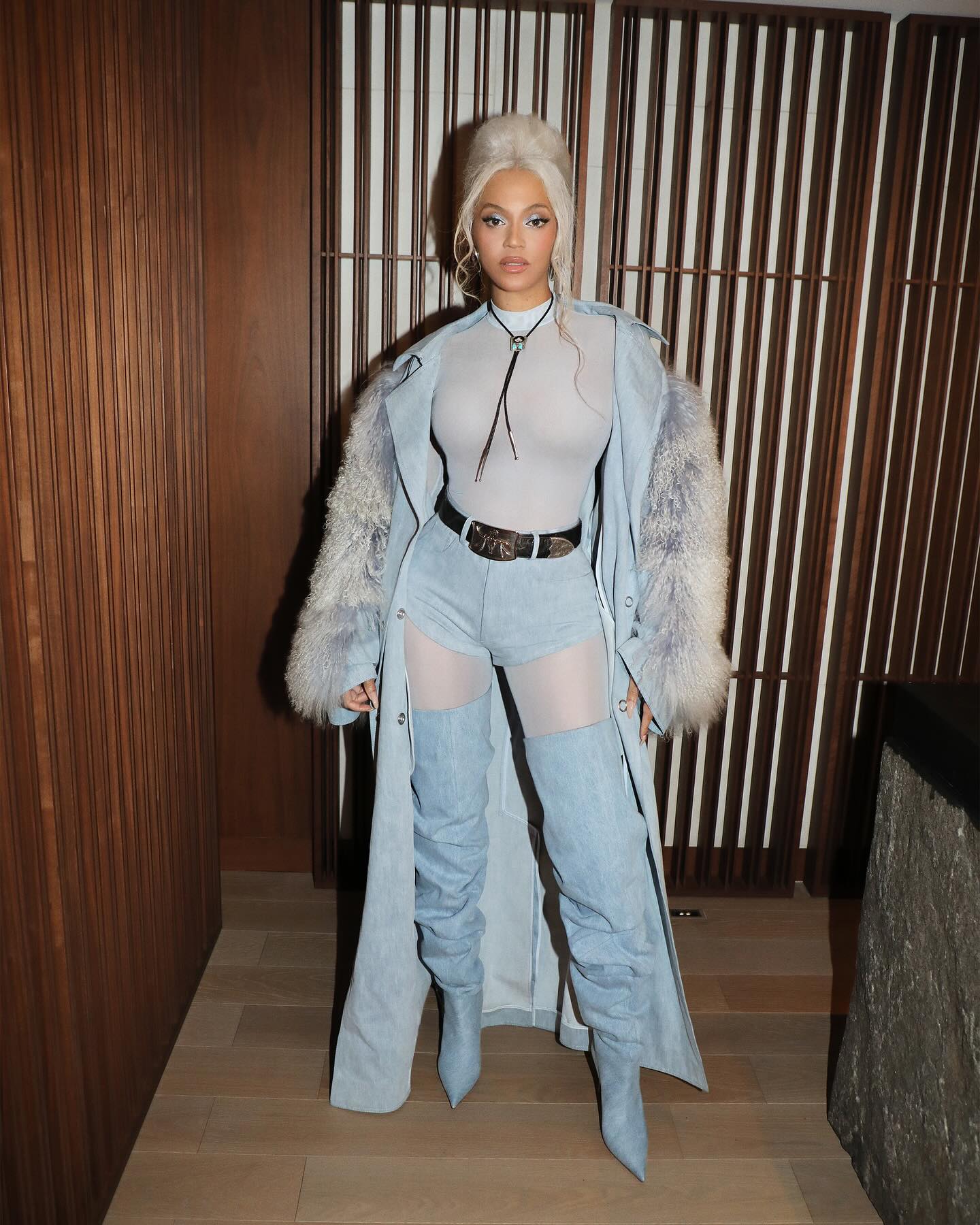 Beyoncé wears an icy denim-on-denim outfit by LaPointe in Japan. Photo / @beyonce