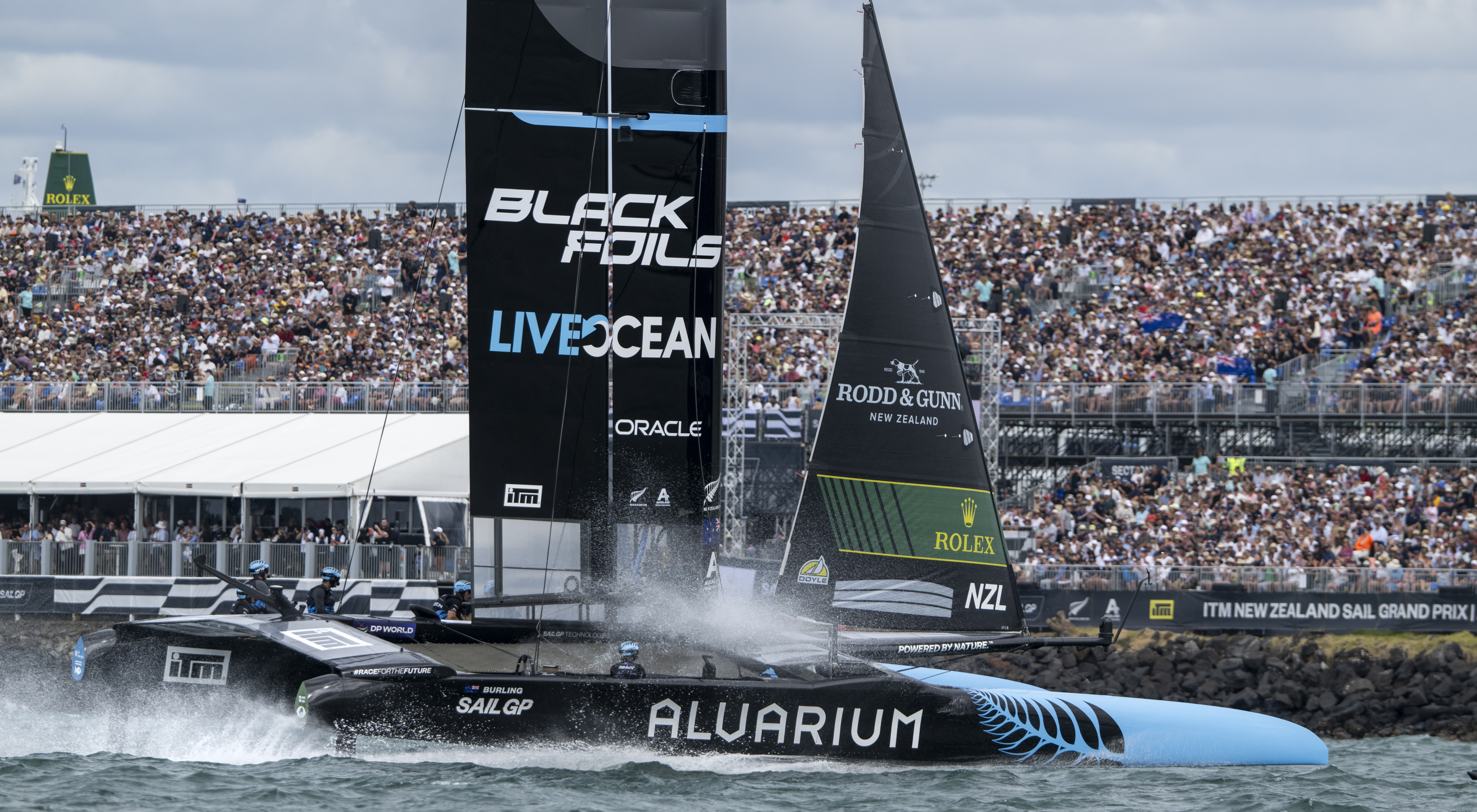 Cruising the crowd: the New Zealand team gets up close during the SailGP regatta. Photo / Richard Pinto, SailGP